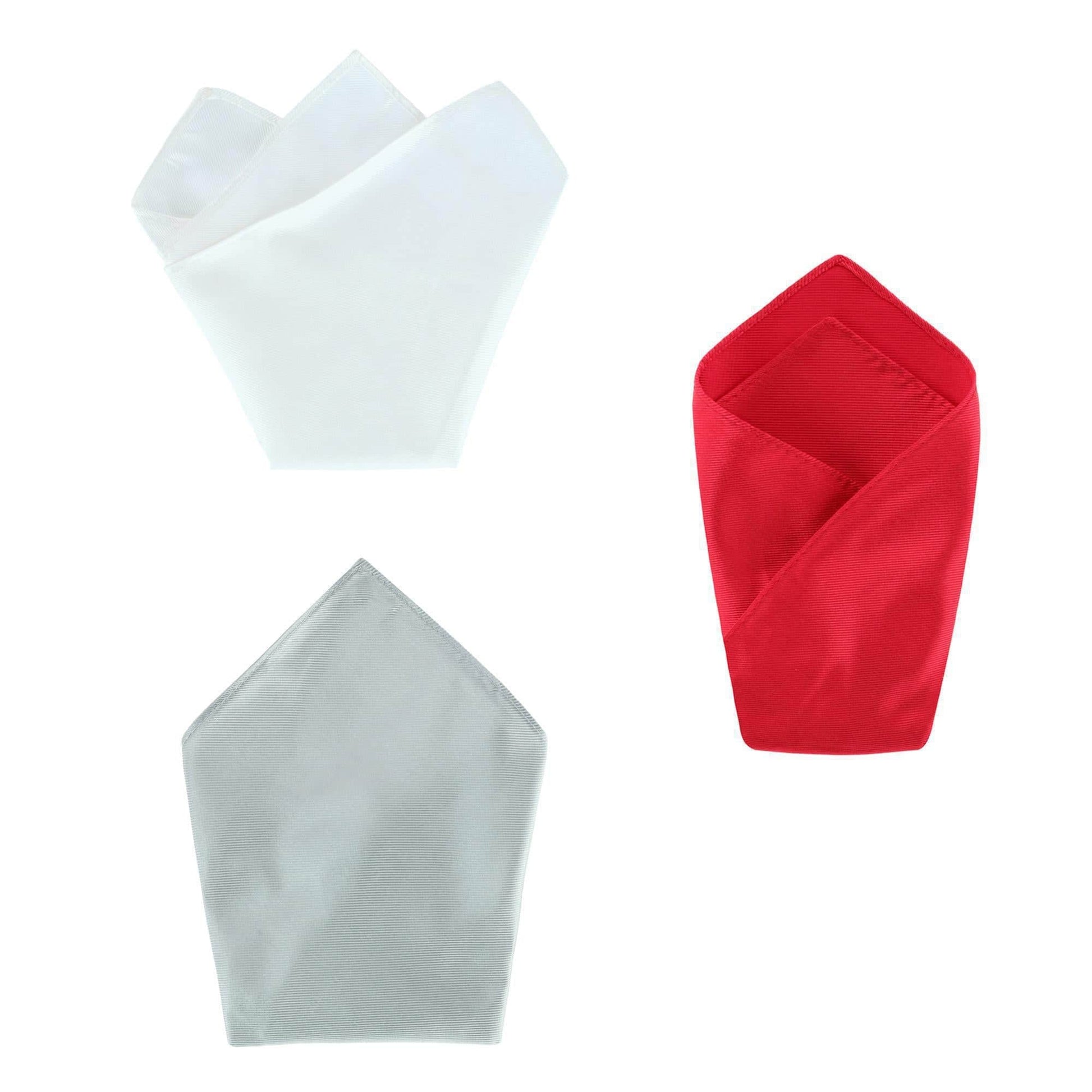 The Gatsby 12 inch Solid Silk Pocket Square Trio - Red, Silver, and White
