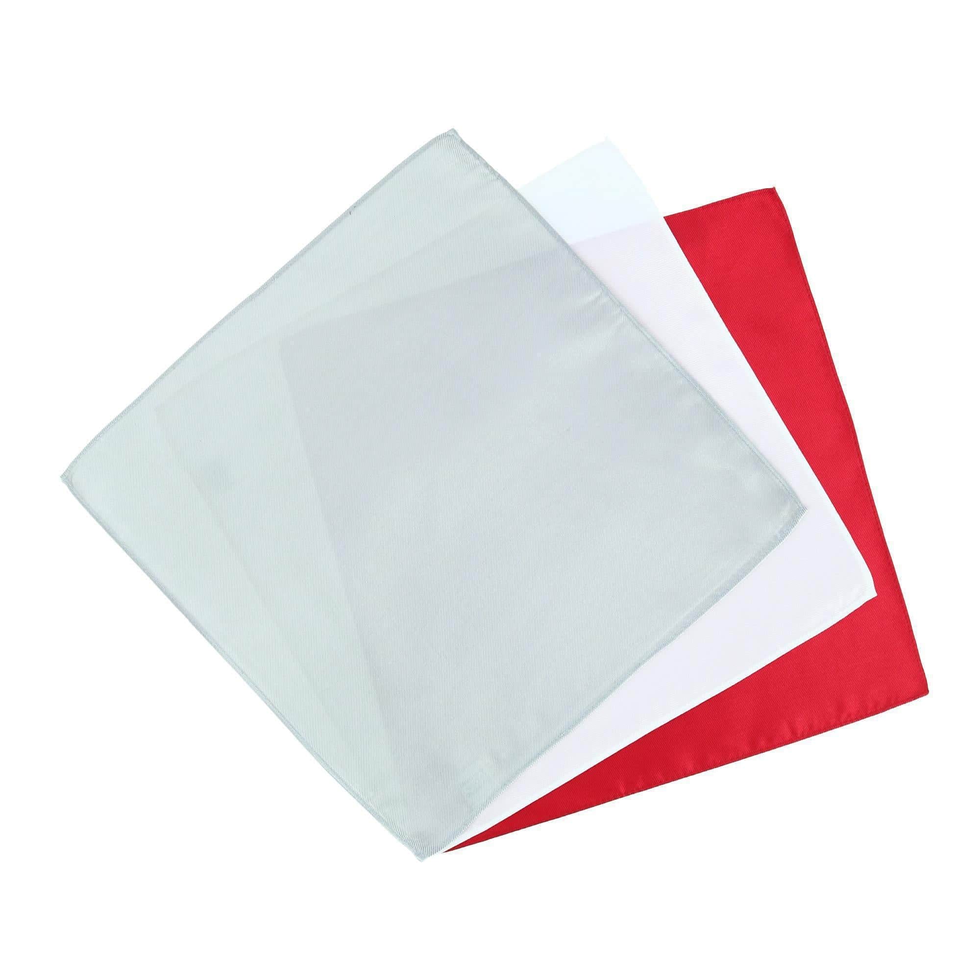 The Gatsby 12 inch Solid Silk Pocket Square Trio - Red, Silver, and White
