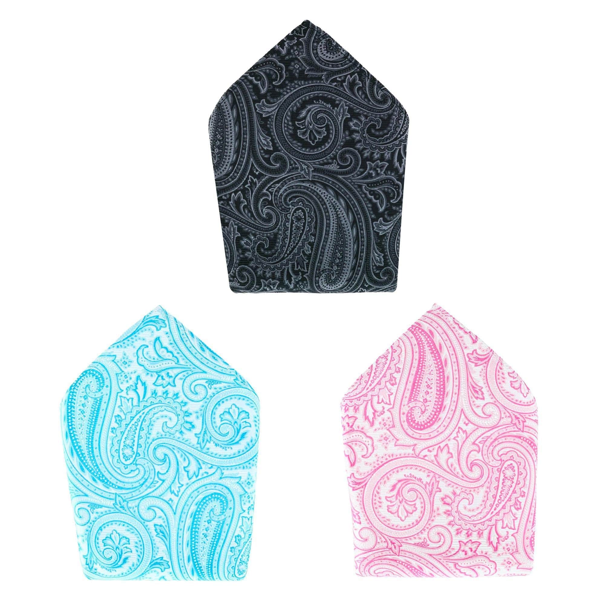 Sobee Collection 12-inch Silk Pocket Square Trio 3 Pack - Black, Light Blue, Pink Paisley