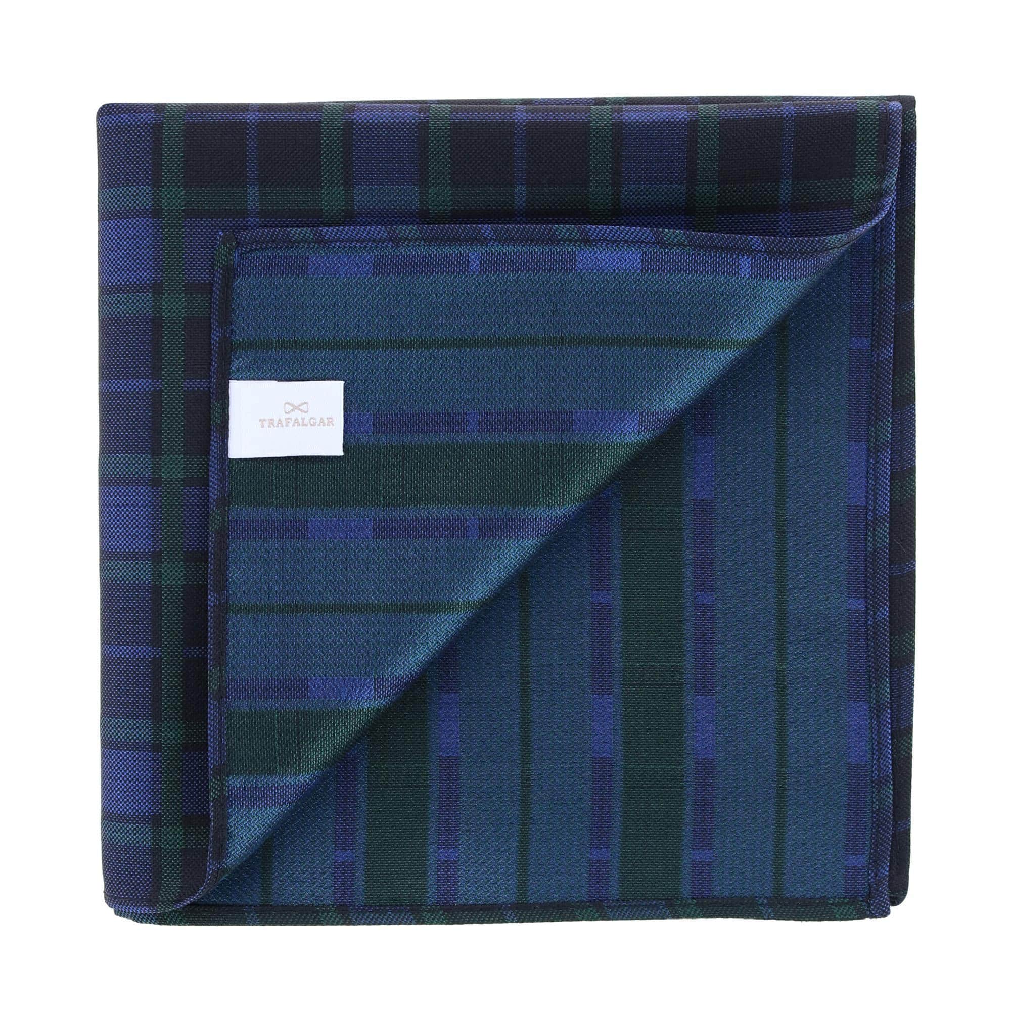 Ives Green and Navy Blackwatch Plaid Silk Pocket Square - Green and Navy Plaid