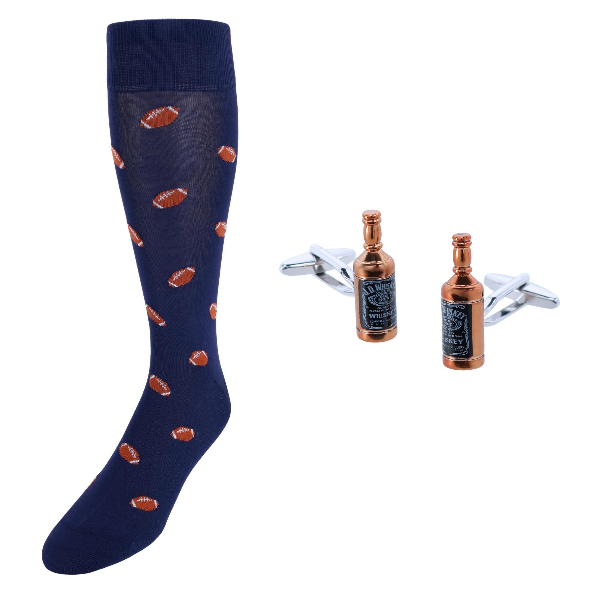Cheers Whiskey Cufflinks & Touchdown Football Mid-Calf Socks - Brown