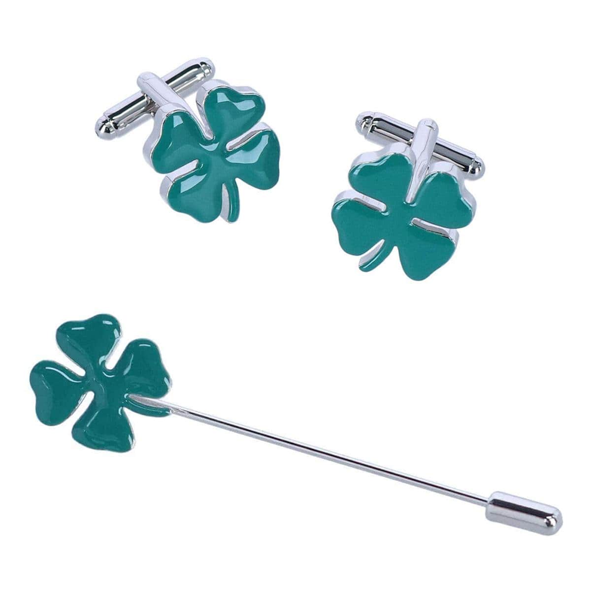 Shay Shamrock Novelty Cufflinks and Lapel Pin Set - Green