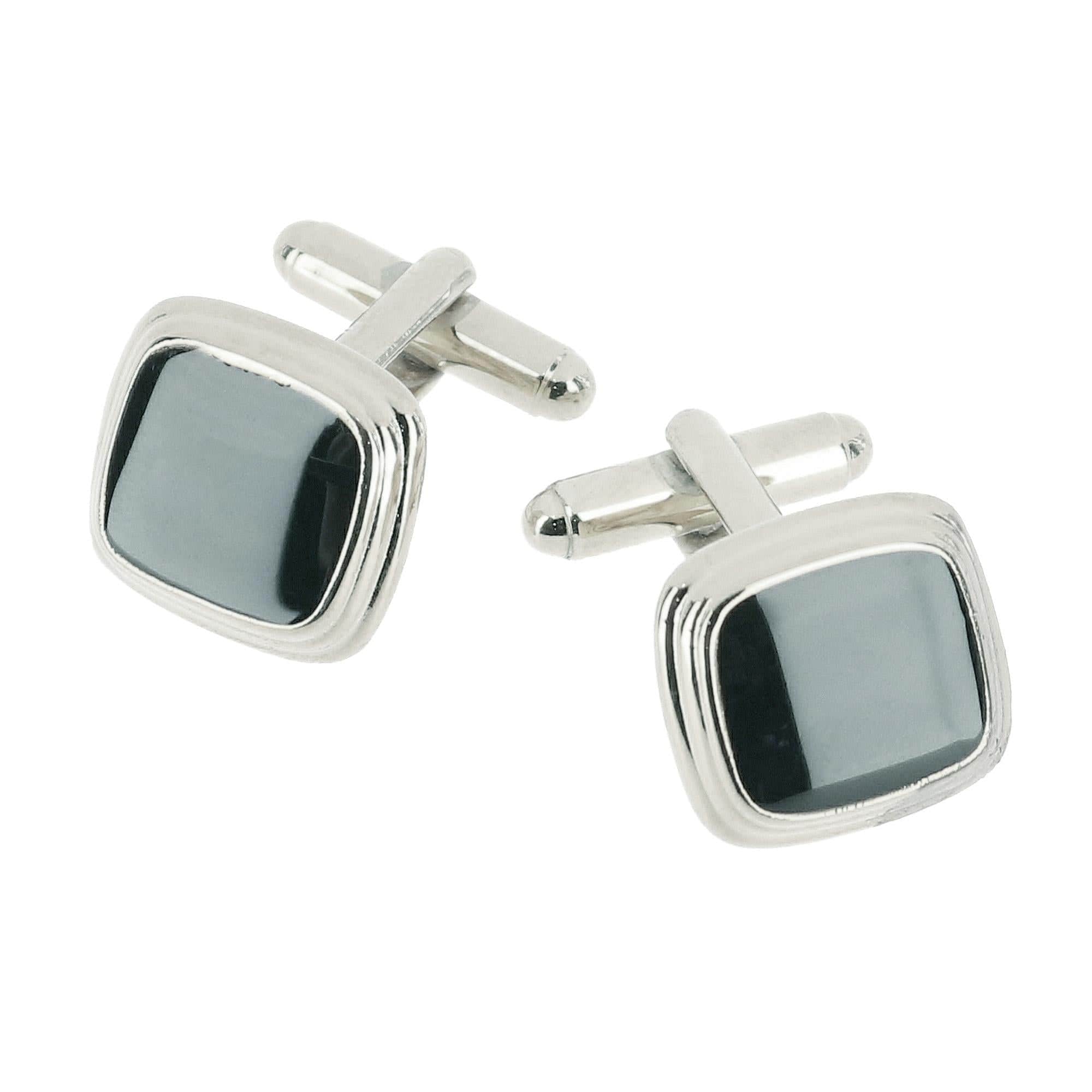 Black Lacquer Cushion Cufflinks - Rhodium