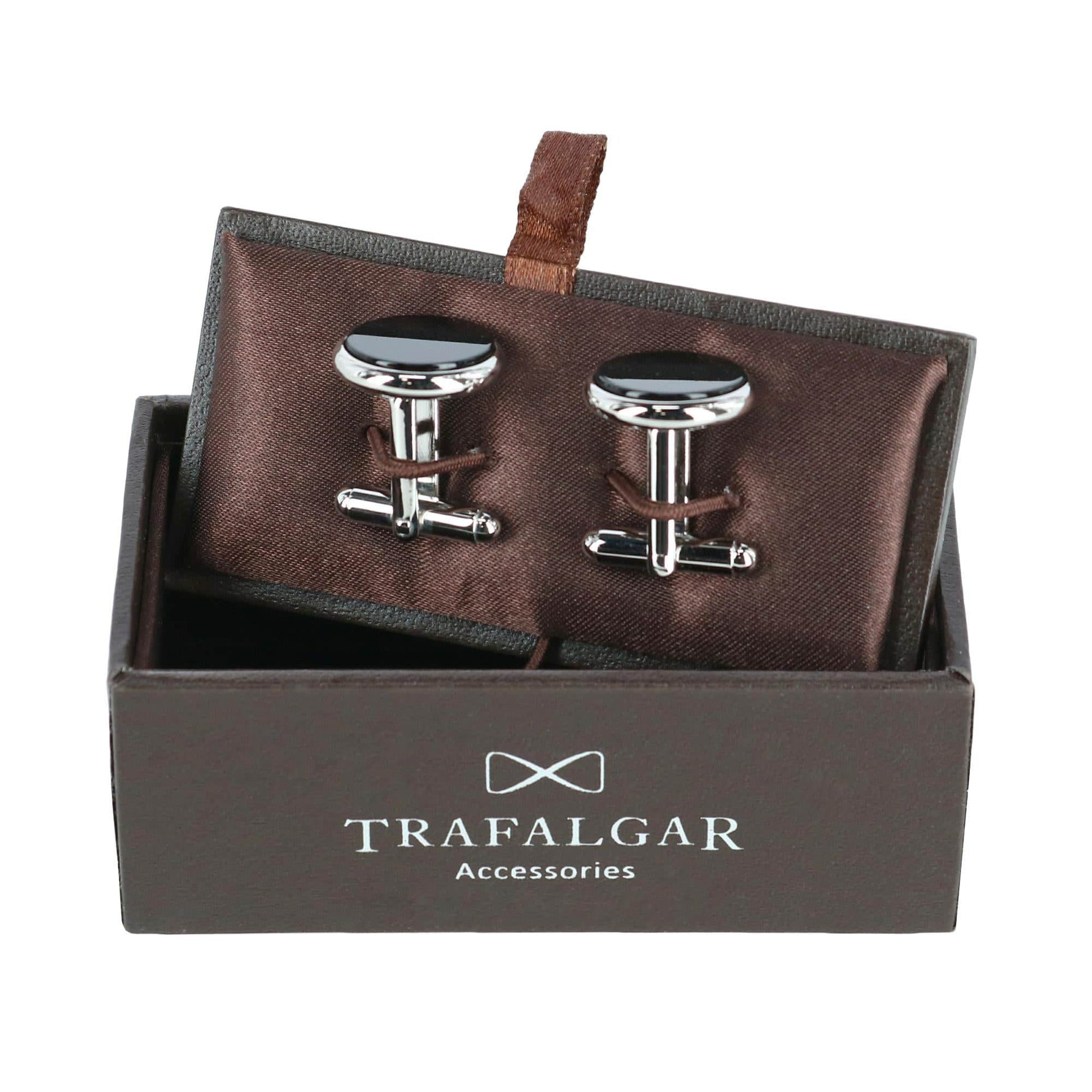 Sutton Round Genuine Onyx Cufflinks - Rhodium and Genuine Onyx