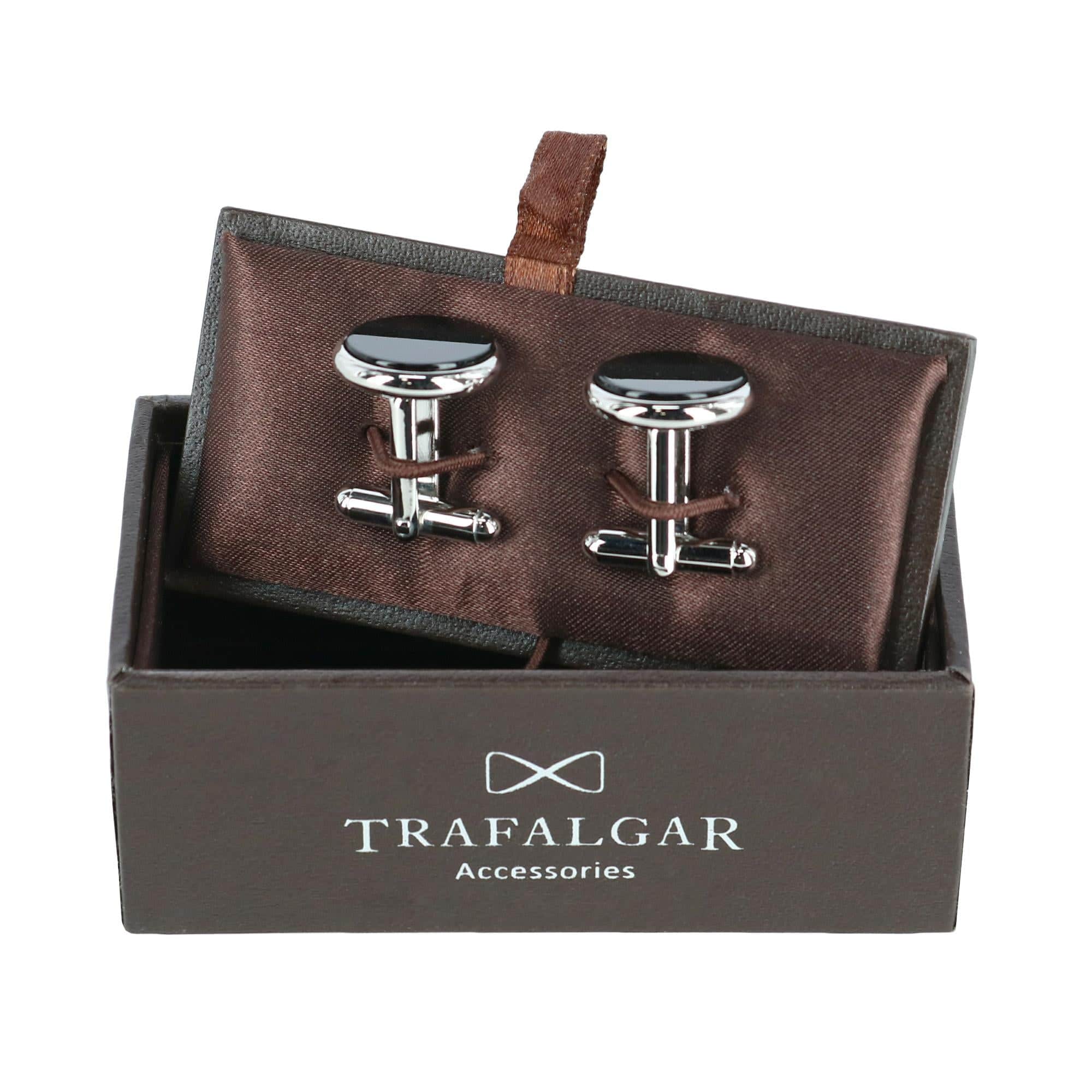 Sutton Round Genuine Onyx Cufflinks - Rhodium and Genuine Onyx