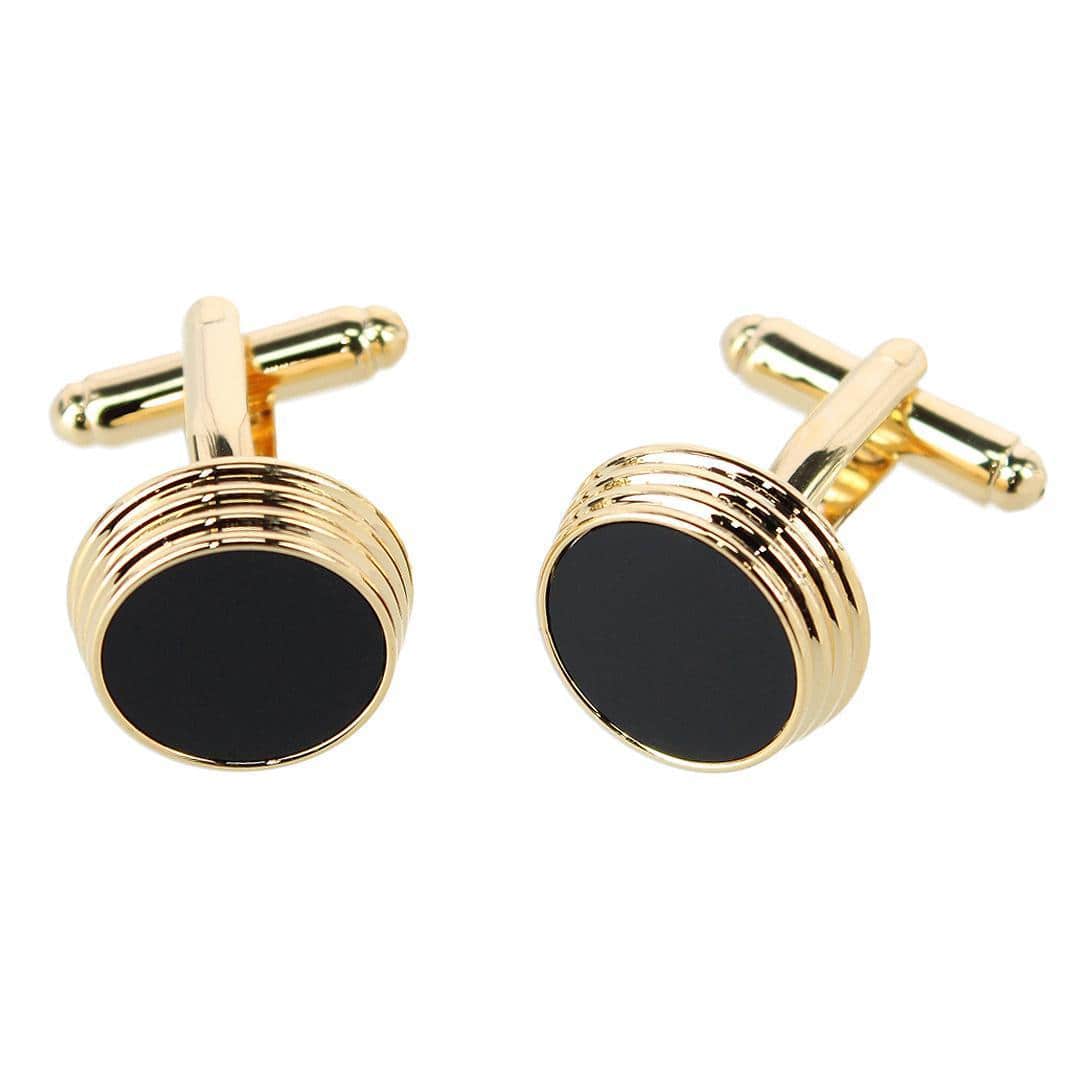 Xaviar Ring Detailed Circular Cufflink Stud Set - Gold with Onyx