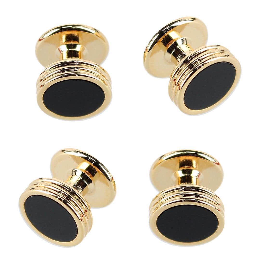 Xaviar Ring Detailed Circular Cufflink Stud Set - Gold with Onyx