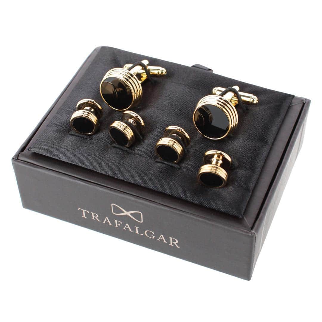 Xaviar Ring Detailed Circular Cufflink Stud Set - Gold with Onyx
