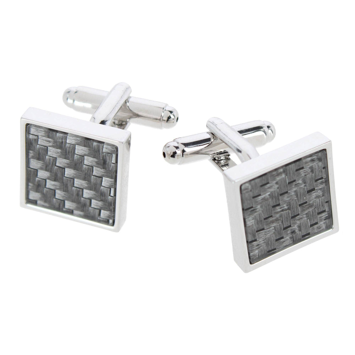 Ryker Refined & Dapper Square Cuff Carbon Fiber Formal Set (2 Cuffs & 4 Studs) - Silver