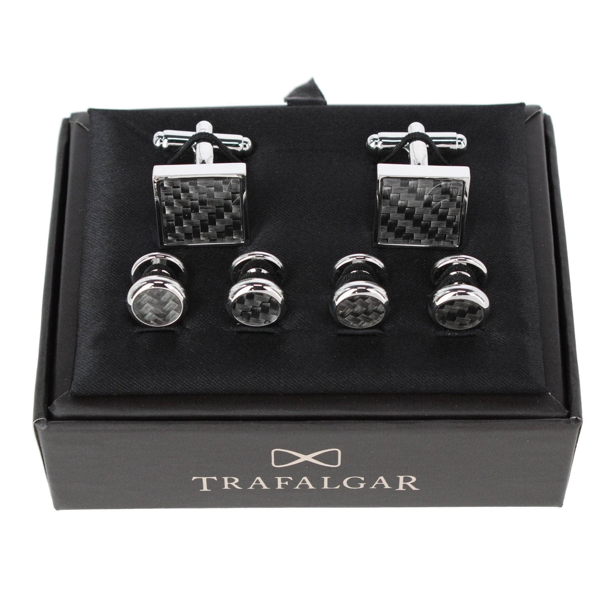 Ryker Refined & Dapper Square Cuff Carbon Fiber Formal Set (2 Cuffs & 4 Studs) - Silver