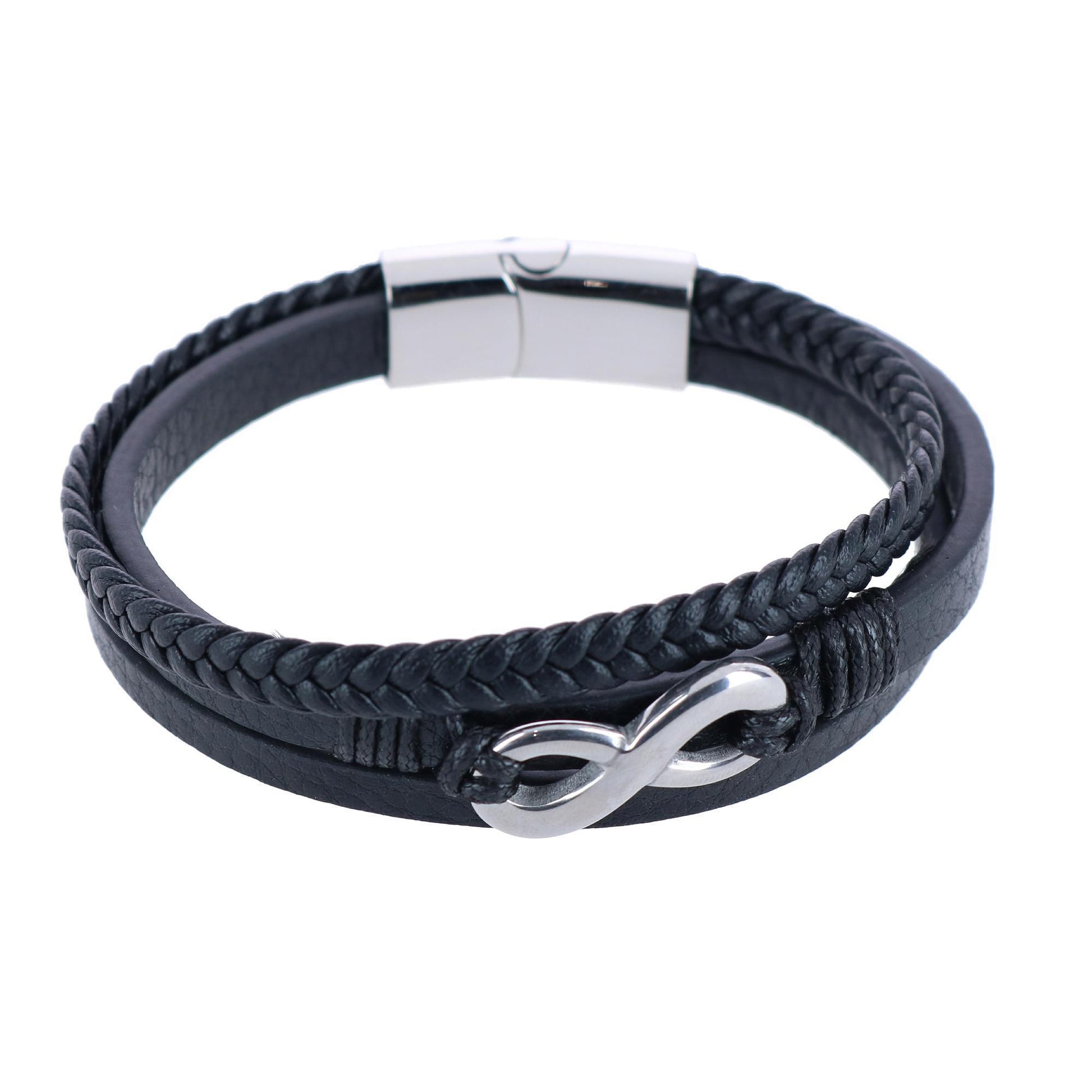 Diagonal Rhodium Cufflinks & Infinity Triple Leather Bracelet - Silver