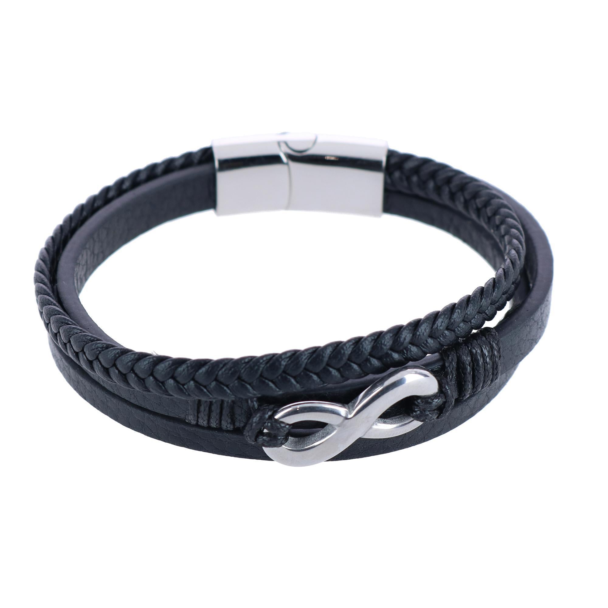Diagonal Rhodium Cufflinks & Infinity Triple Leather Bracelet - Silver