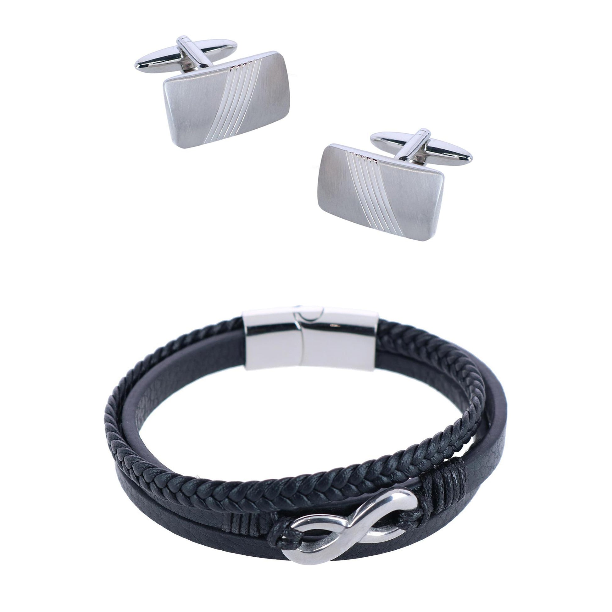 Diagonal Rhodium Cufflinks & Infinity Triple Leather Bracelet
