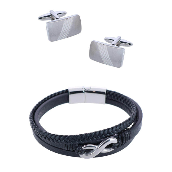 Diagonal Rhodium Cufflinks & Infinity Triple Band Leather Bracelet