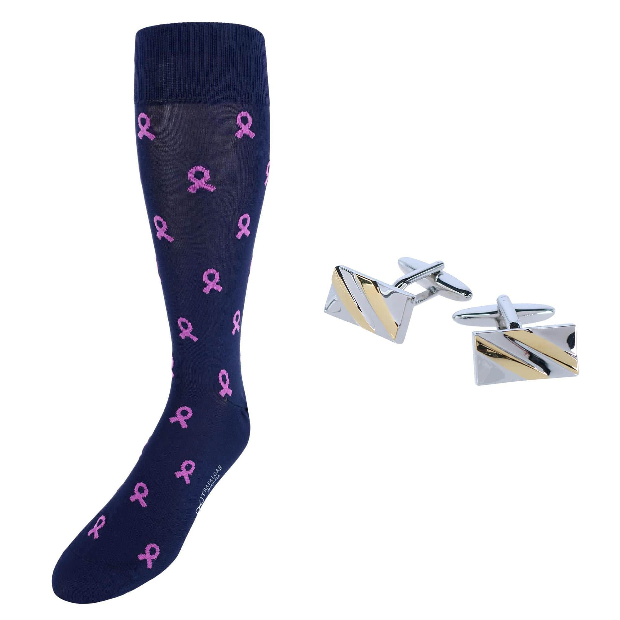 Rhodium and Gold Cufflinks and Mid-Calf Awareness Socks - Silver