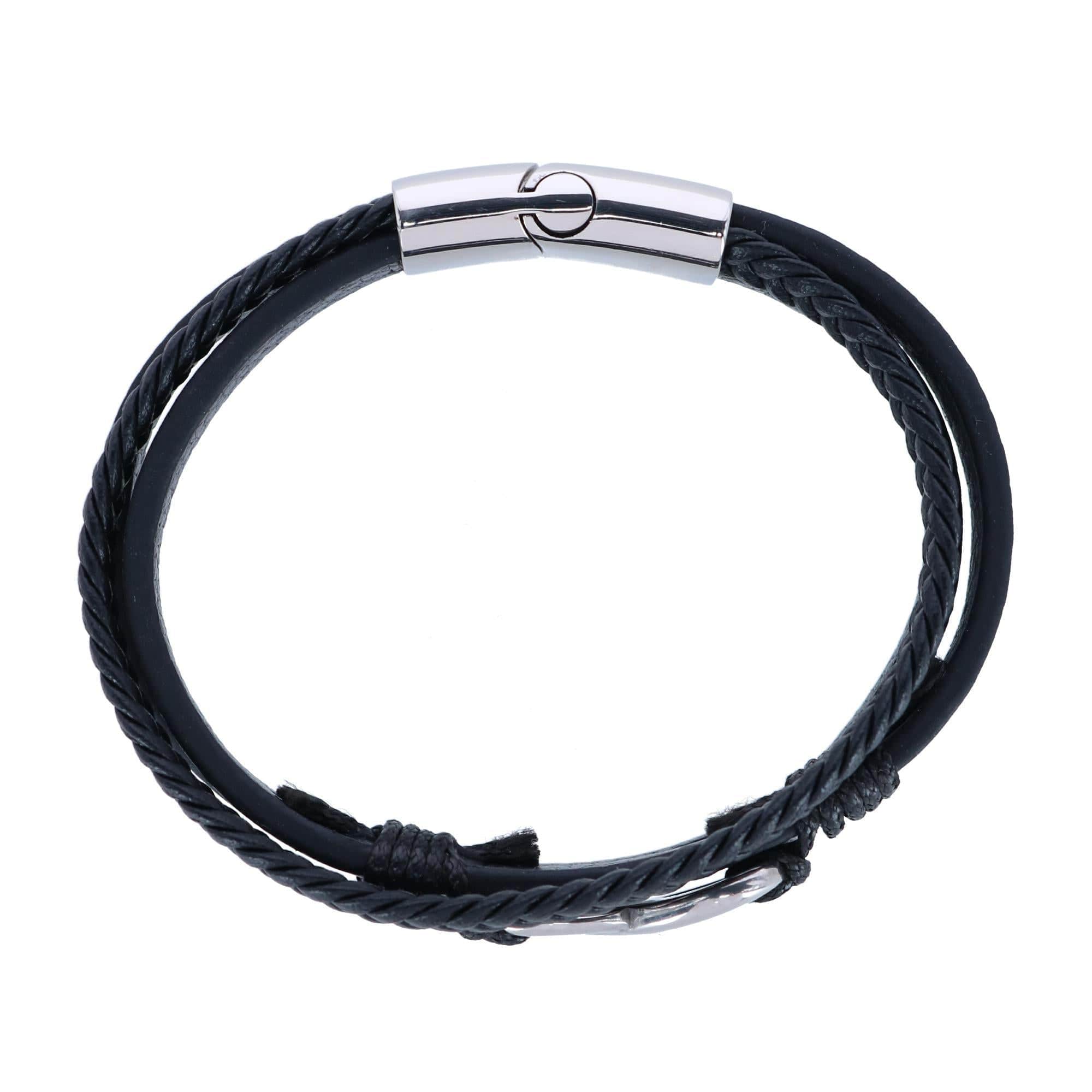 Infinity Triple Band Secure Clasp Leather Bracelet - Black and Silver