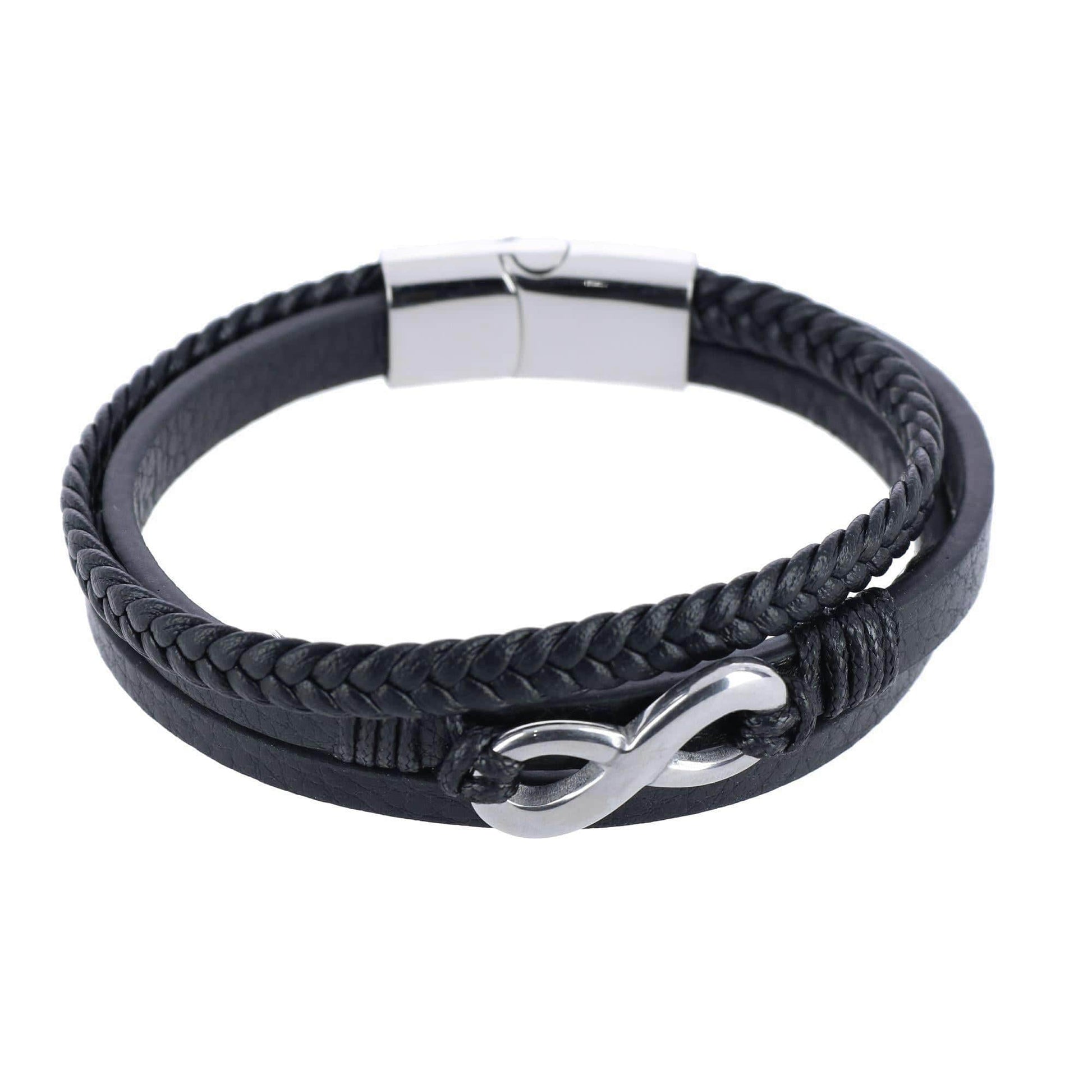 Loose Fit Infinity 3 Band Secure Clasp Leather Bracelet - Silver