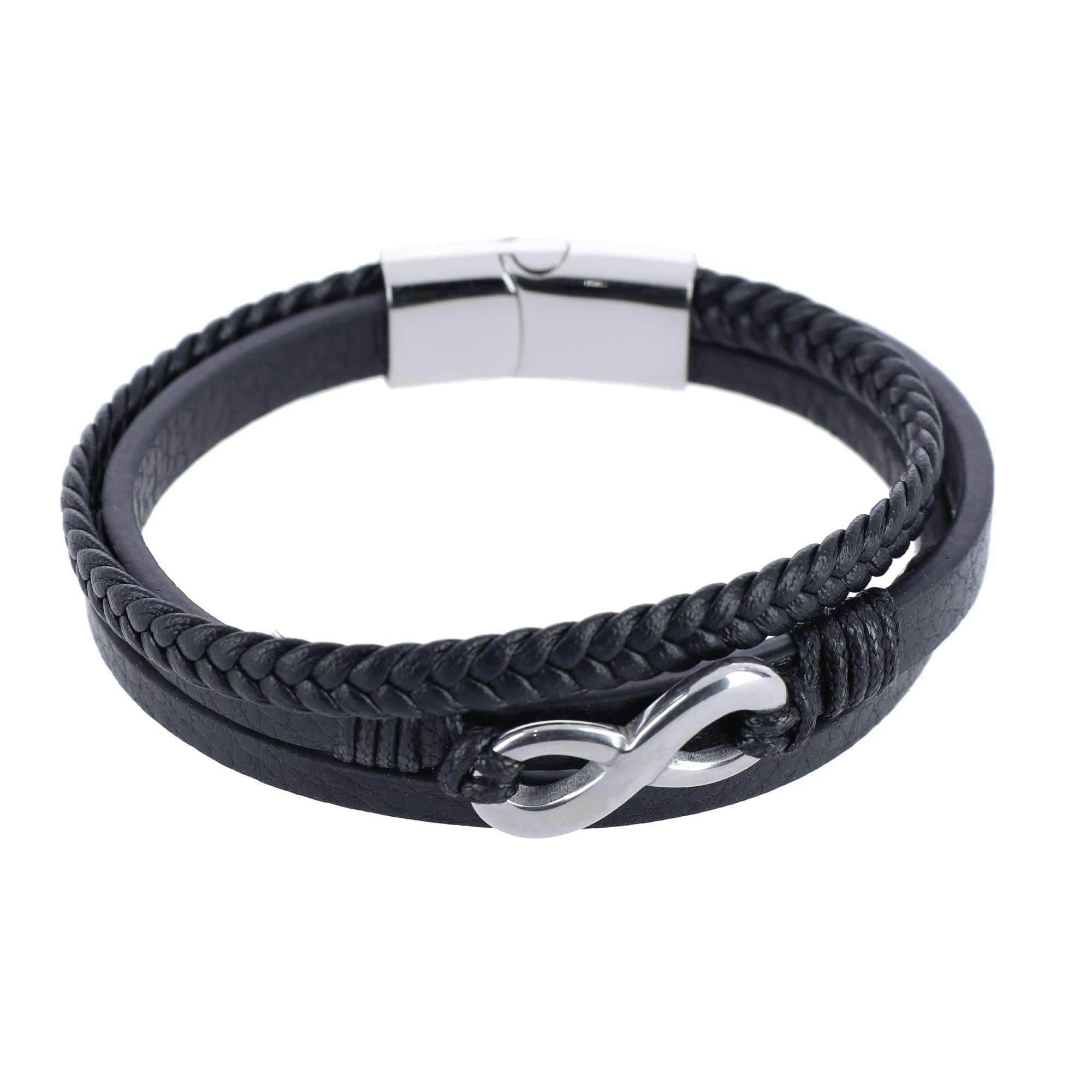 Loose Fit Infinity 3 Band Secure Clasp Leather Bracelet - Silver