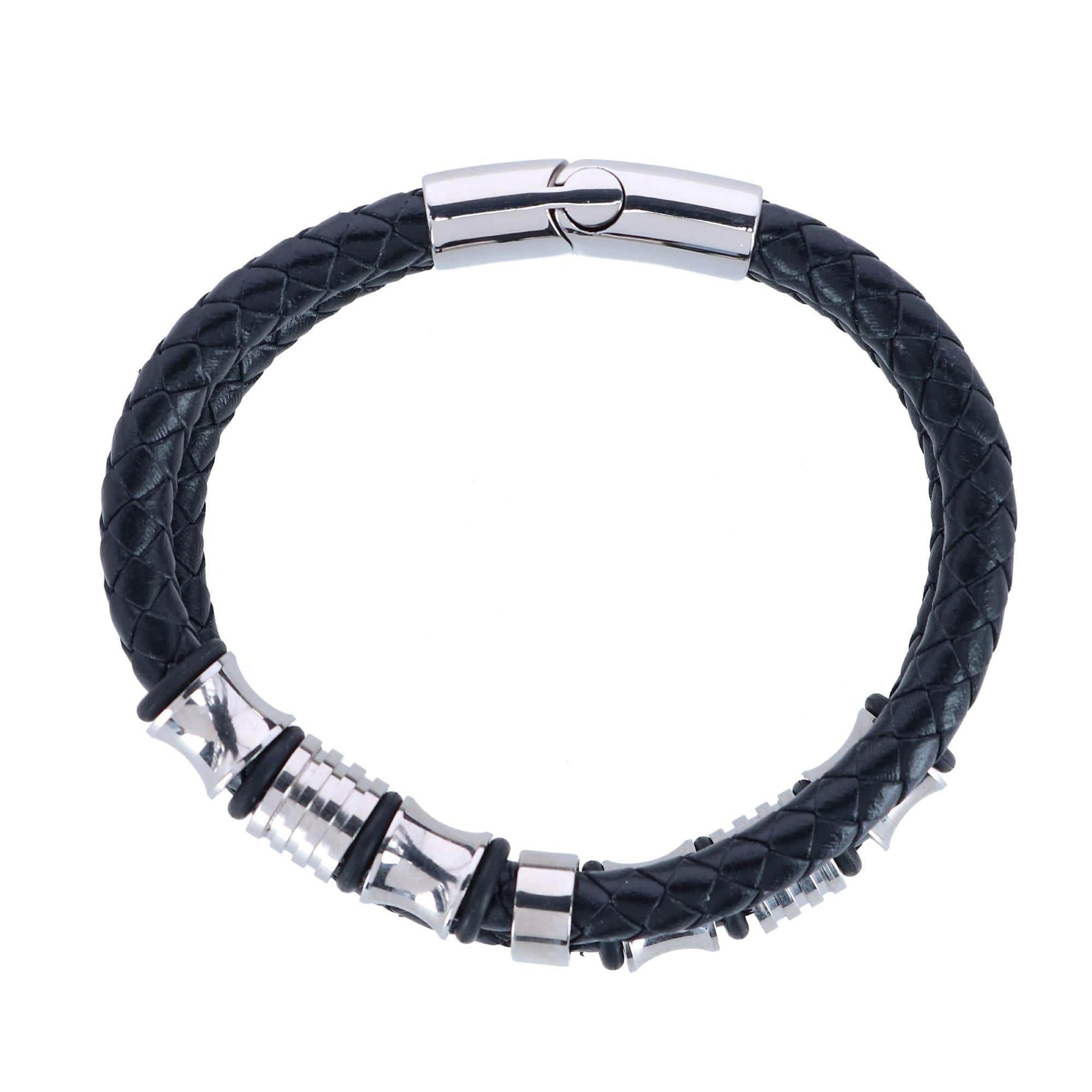 Silver and Leather Double Band Secure Clasp Bracelet - Black and Silver