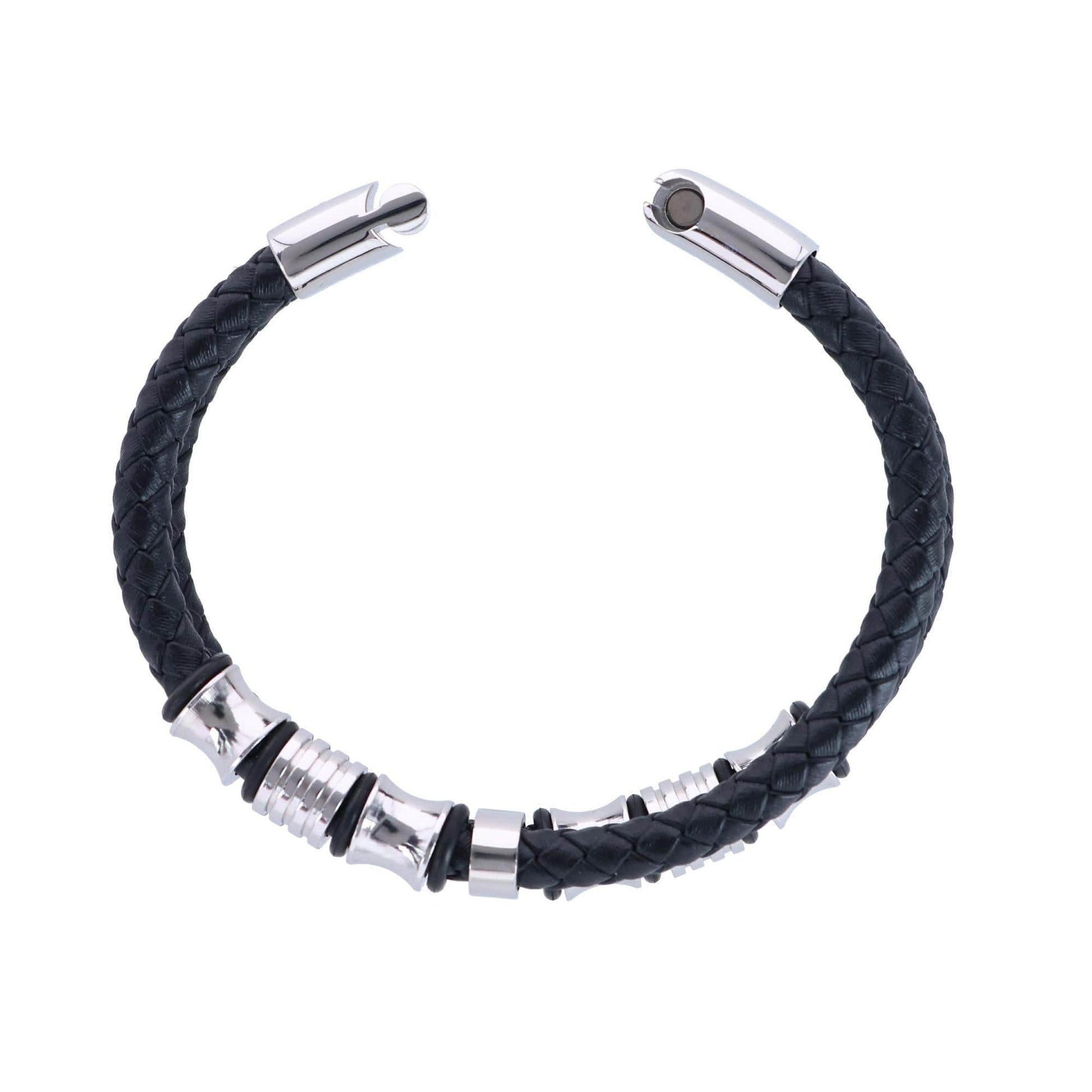 Silver and Leather Double Band Secure Clasp Bracelet - Black and Silver