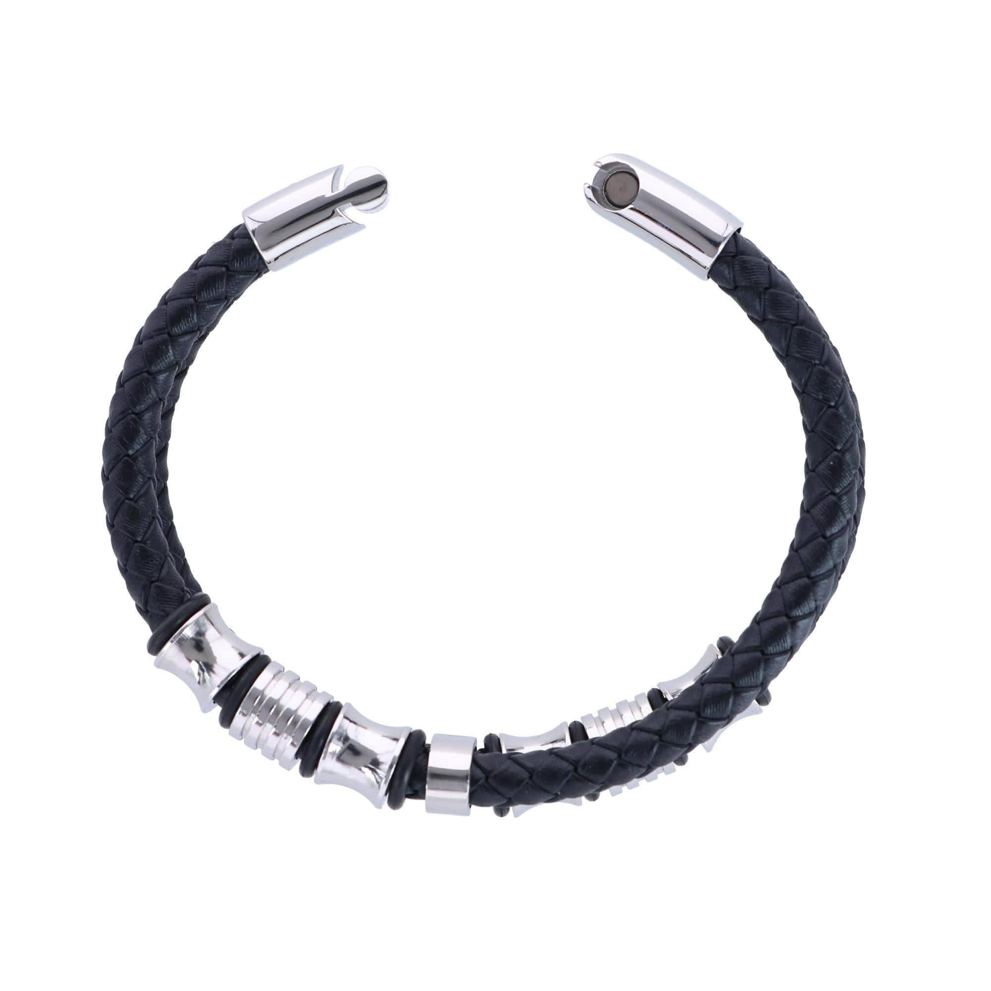Loose Fit Silver and Leather 2 Band Secure Clasp Leather Bracelet - Black And Silver