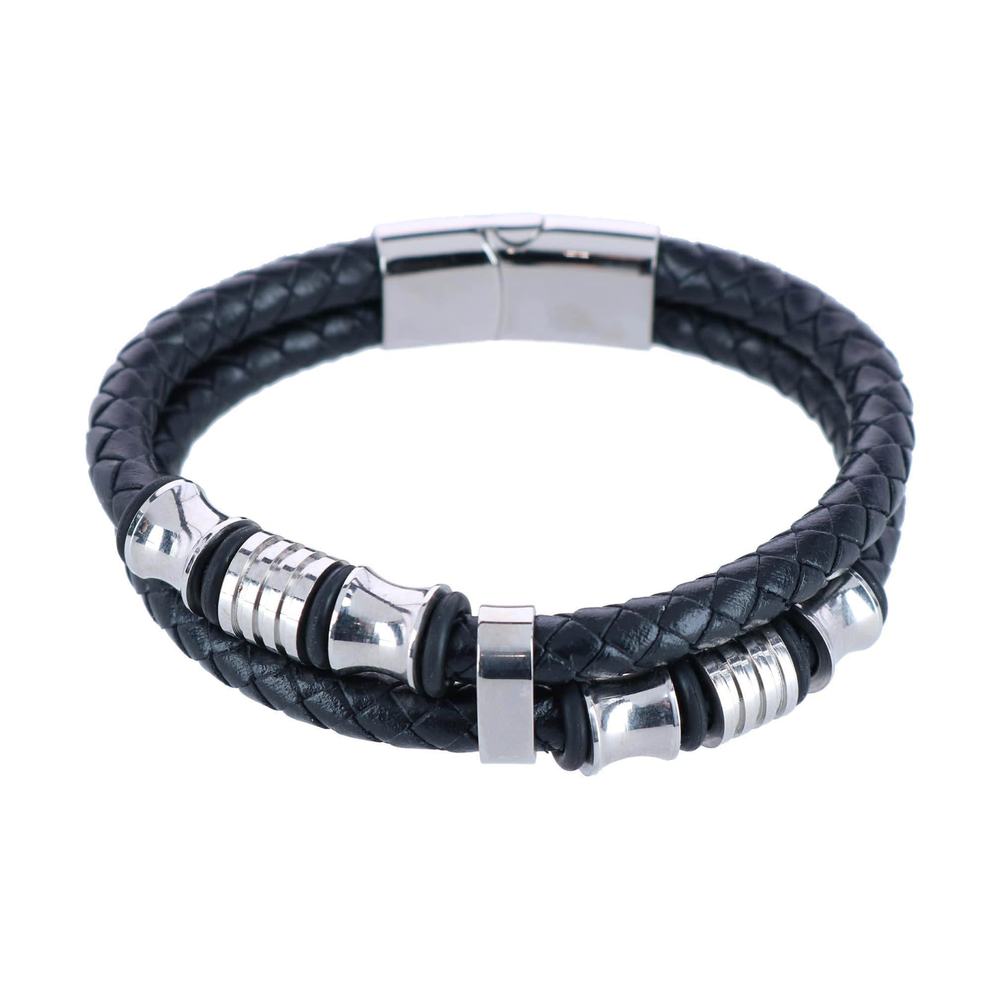 Loose Fit Silver and Leather 2 Band Secure Clasp Leather Bracelet