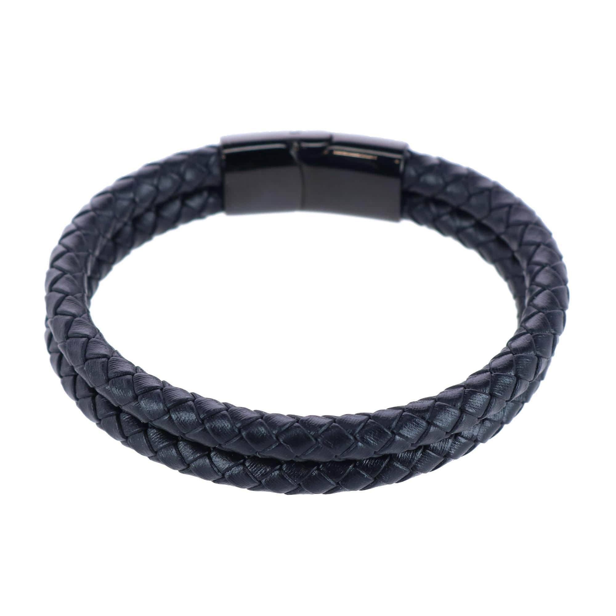 Loose Fit Simple 2 Band Braided Secure Clasp Leather Bracelet - Black