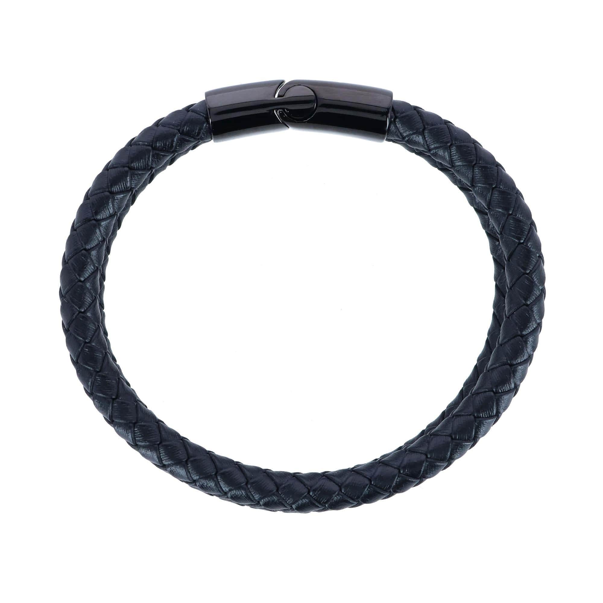 Loose Fit Simple 2 Band Braided Secure Clasp Leather Bracelet - Black