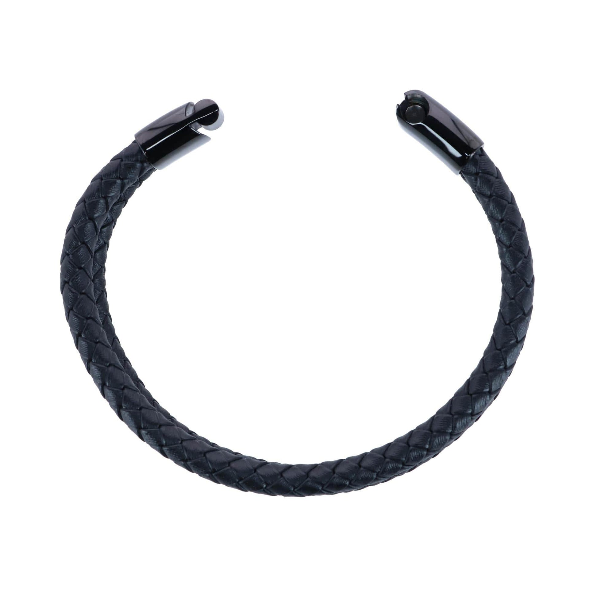 Loose Fit Simple 2 Band Braided Secure Clasp Leather Bracelet - Black