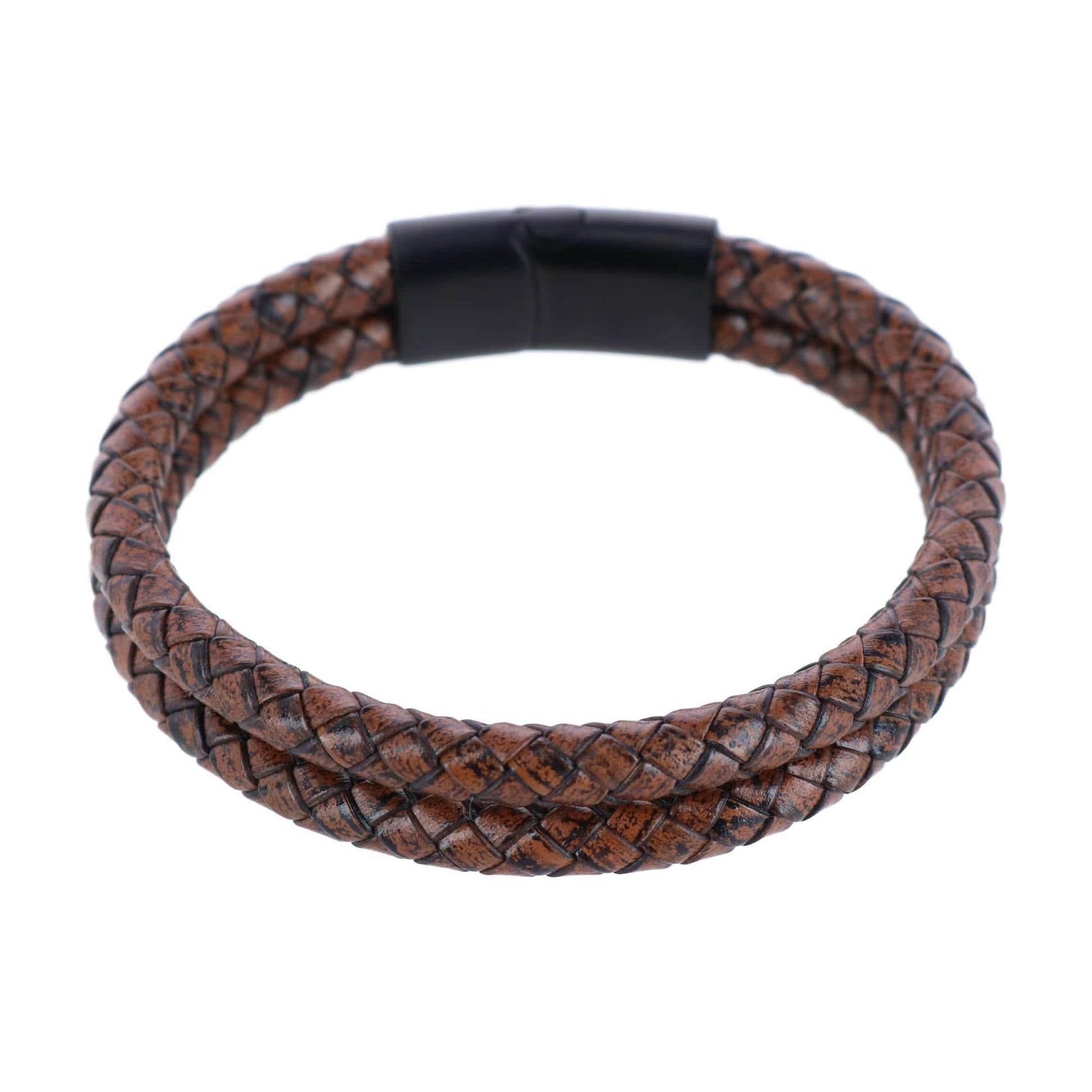 Loose Fit Simple 2 Band Braided Secure Clasp Leather Bracelet - Brown