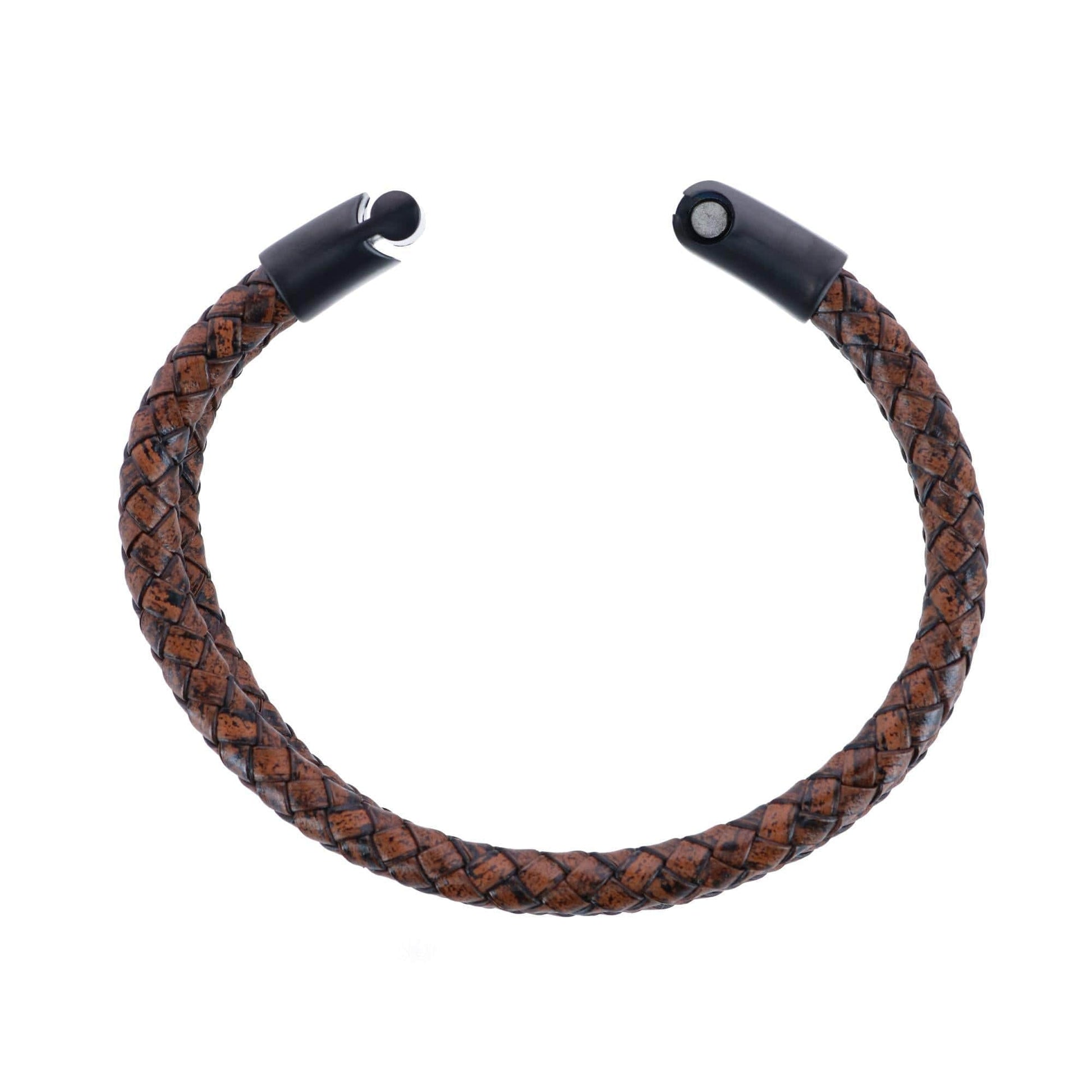 Loose Fit Simple 2 Band Braided Secure Clasp Leather Bracelet - Brown