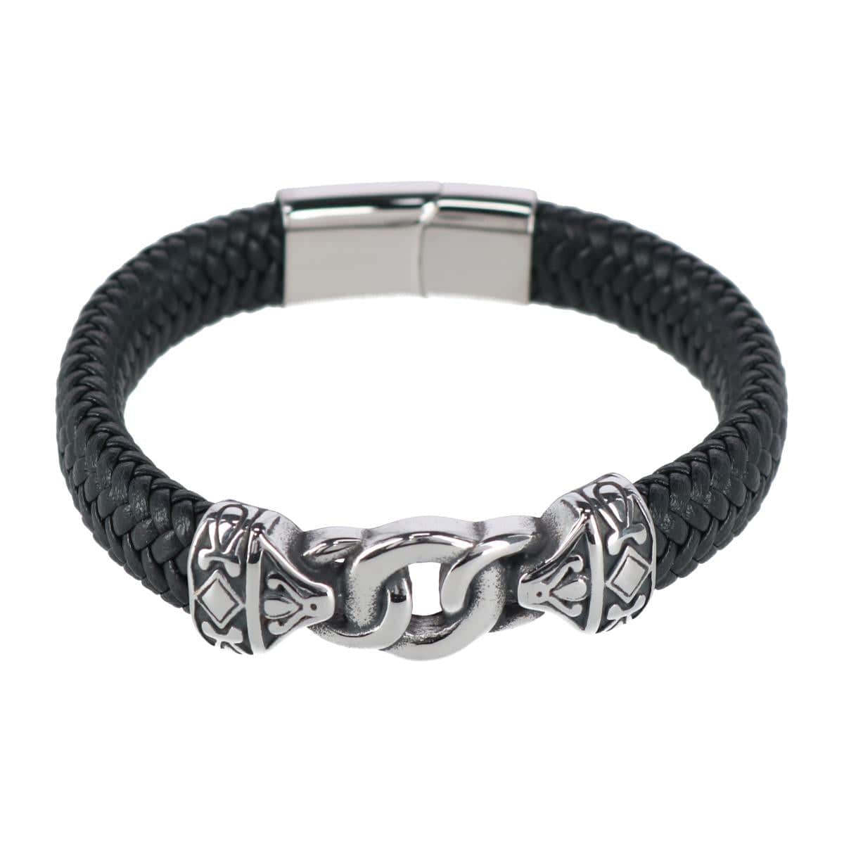 Silver Interlock Pattern on Black Leather Bracelet - Black