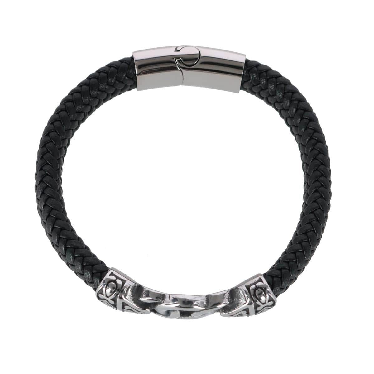 Silver Interlock Pattern on Black Leather Bracelet - Black