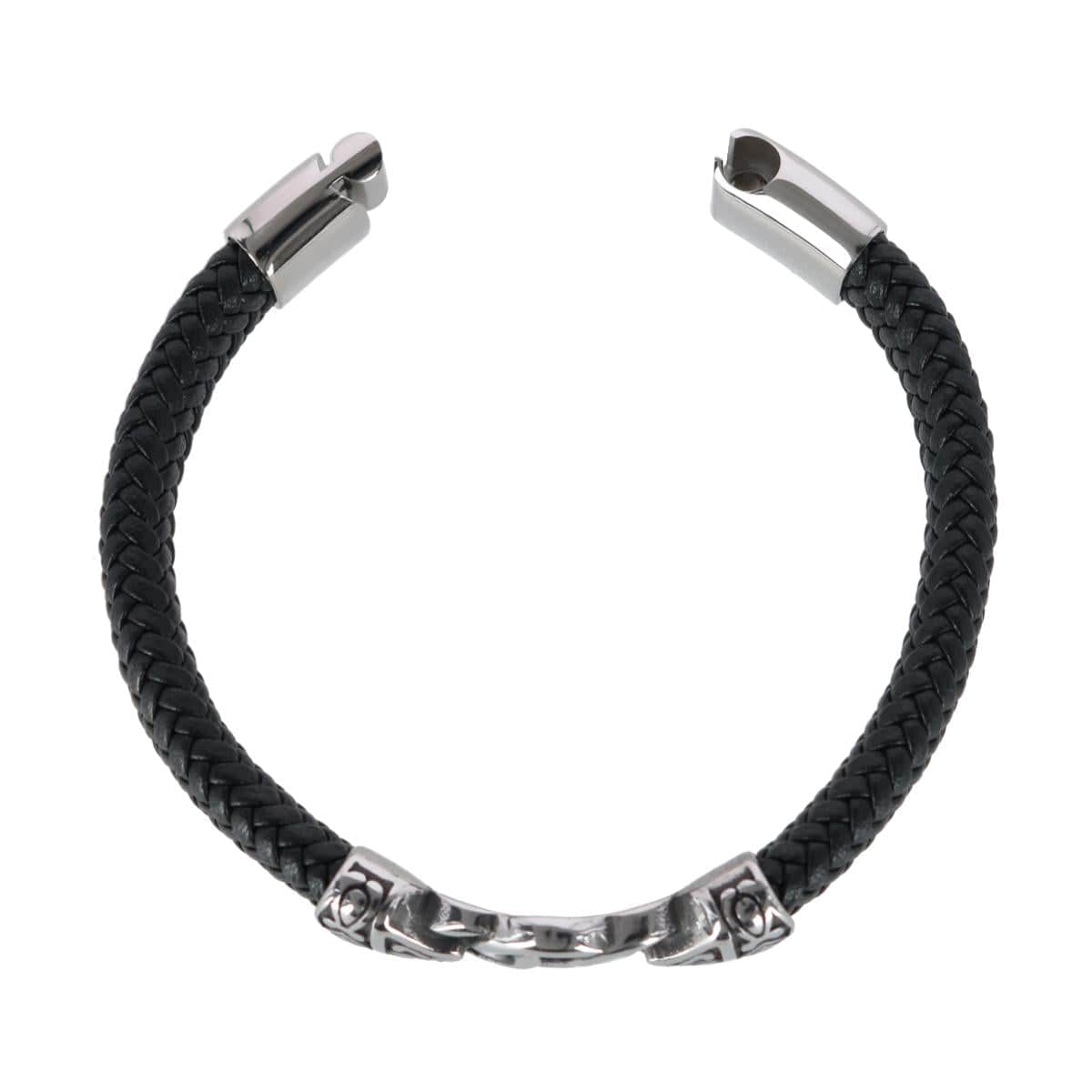 Silver Interlock Pattern on Black Leather Bracelet - Black