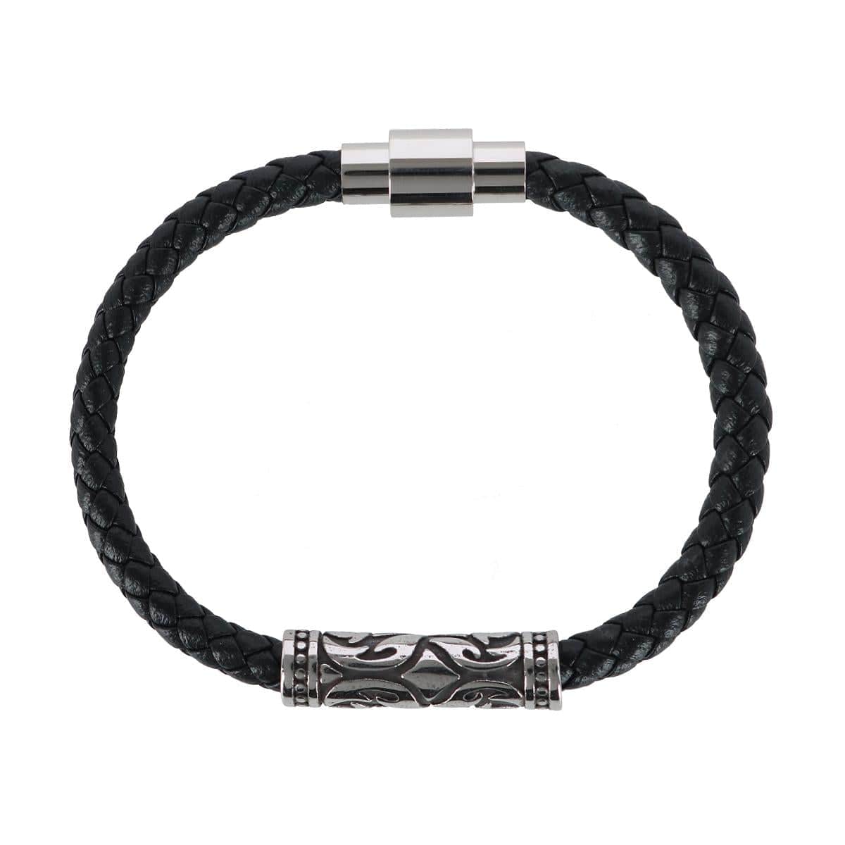 Silver Filigree Pattern on Black Leather Bracelet - Black