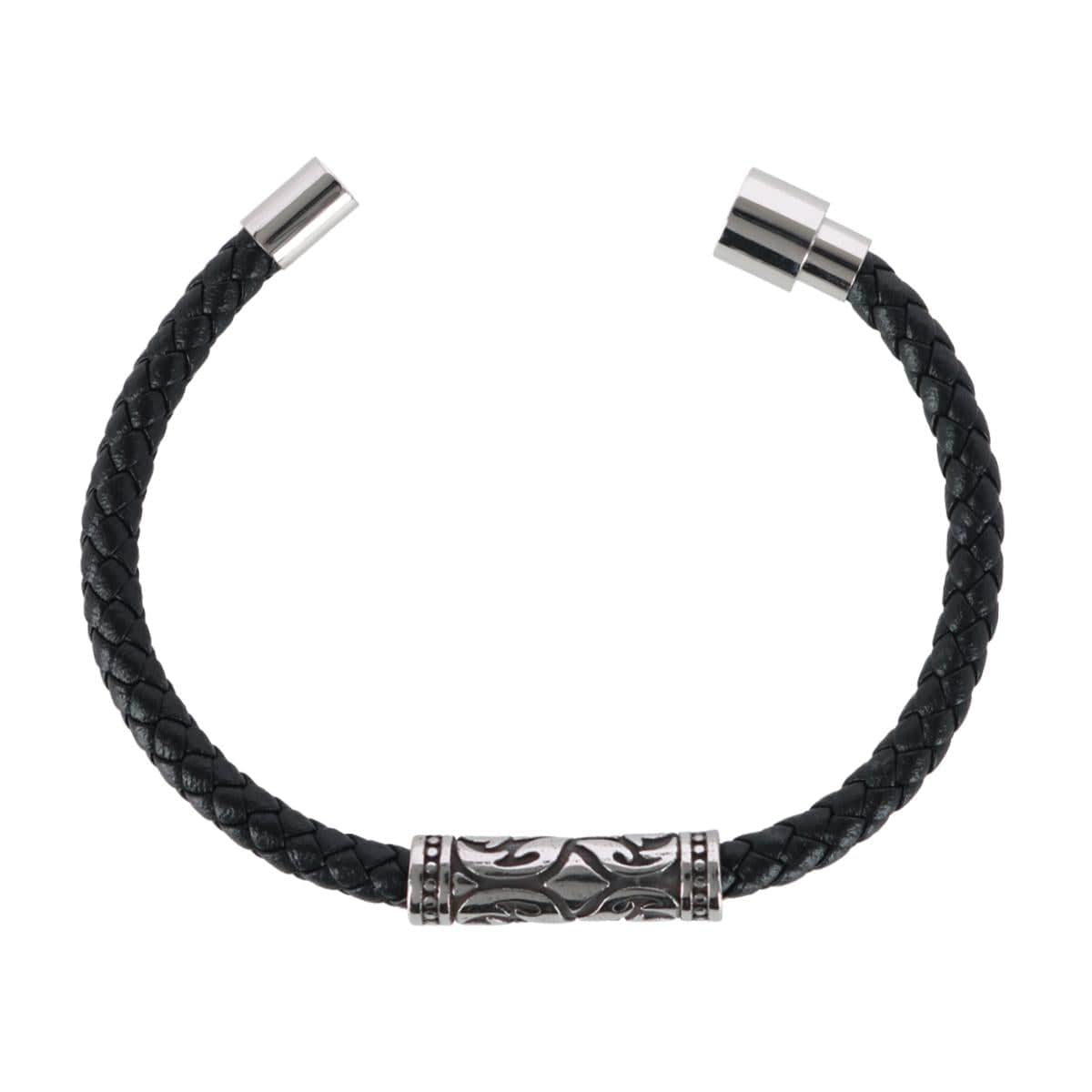 Silver Filigree Pattern on Black Leather Bracelet - Black