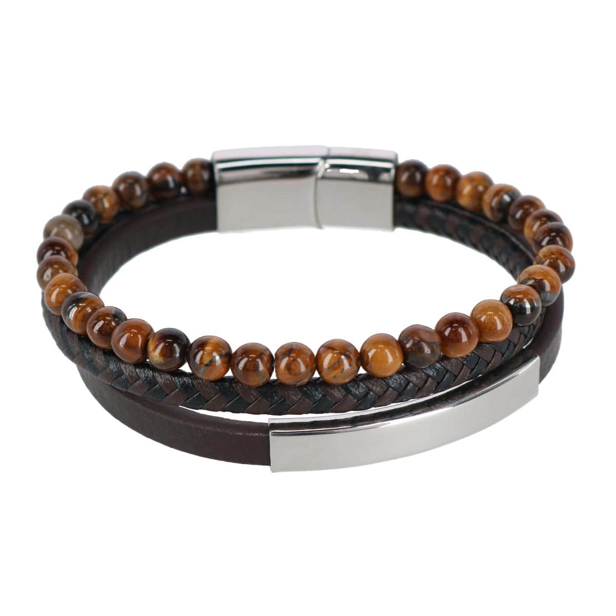 Beaded and Leather 3 Strand Bracelet - Brown