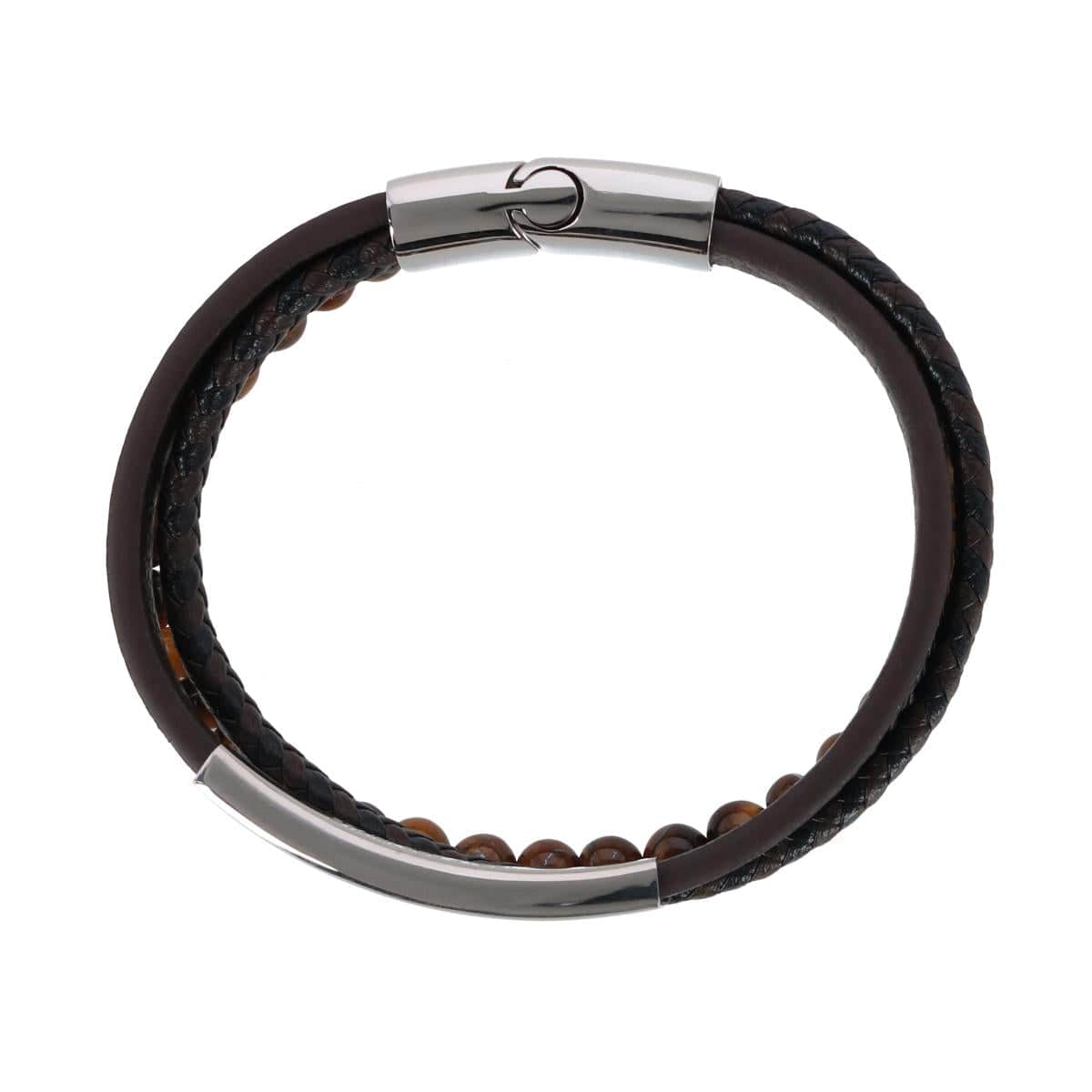 Loose Fit Beaded and Leather 3 Strand Bracelet - Brown