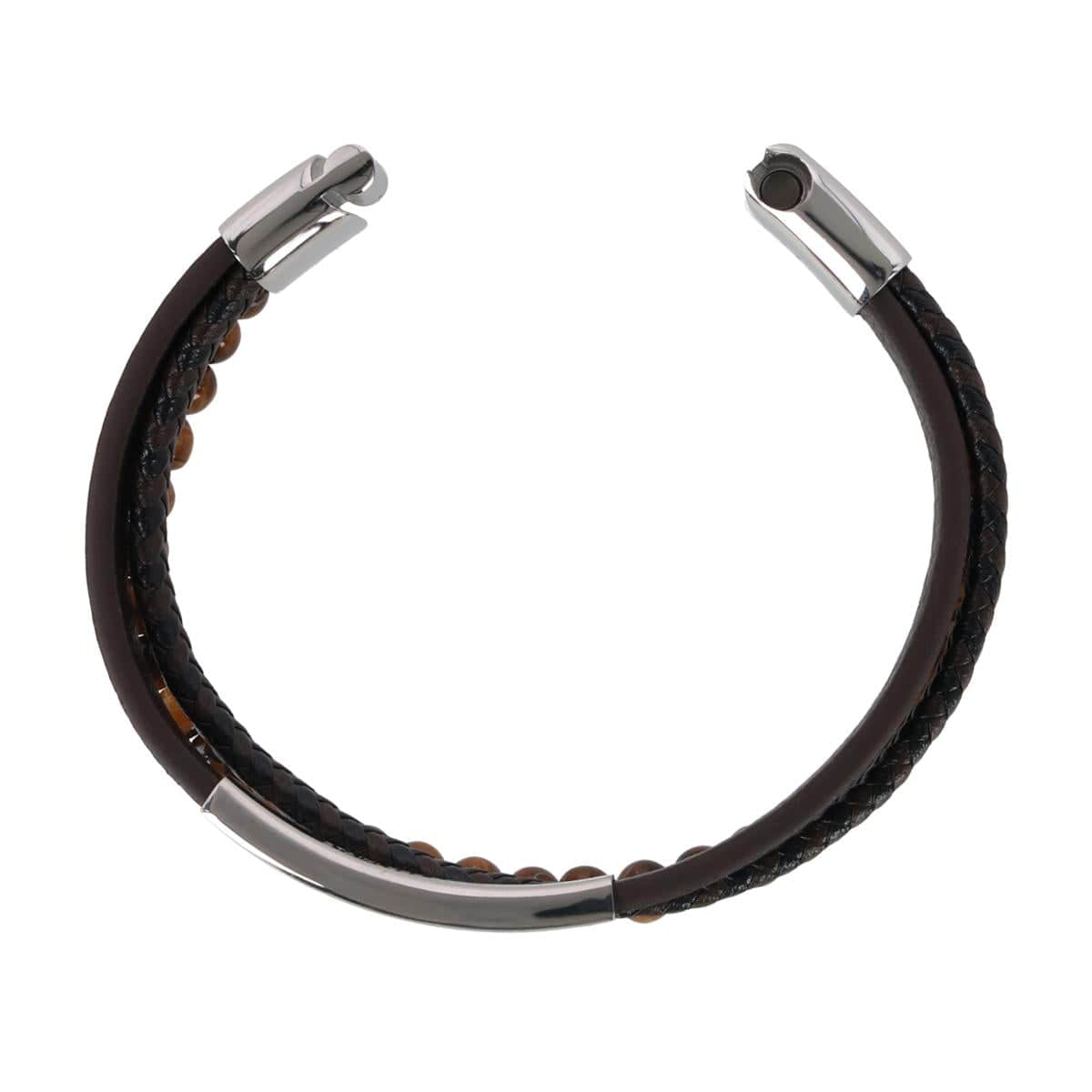 Loose Fit Beaded and Leather 3 Strand Bracelet - Brown