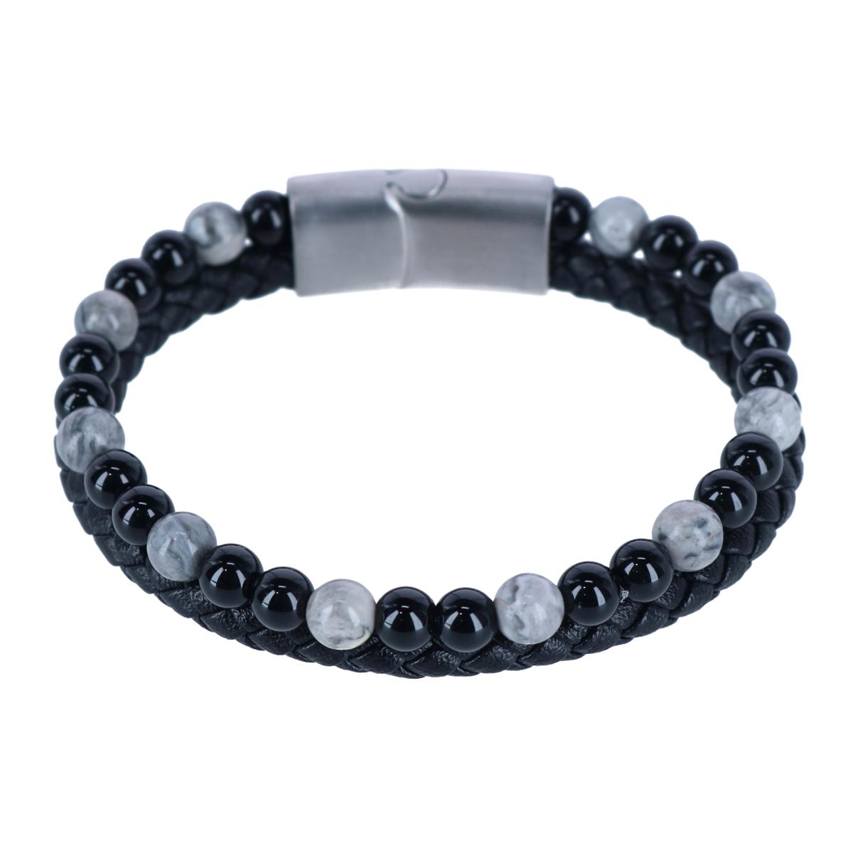 Loose Fit Thurgood Beaded & Braided Leather Secure Clasp Bracelet - Black