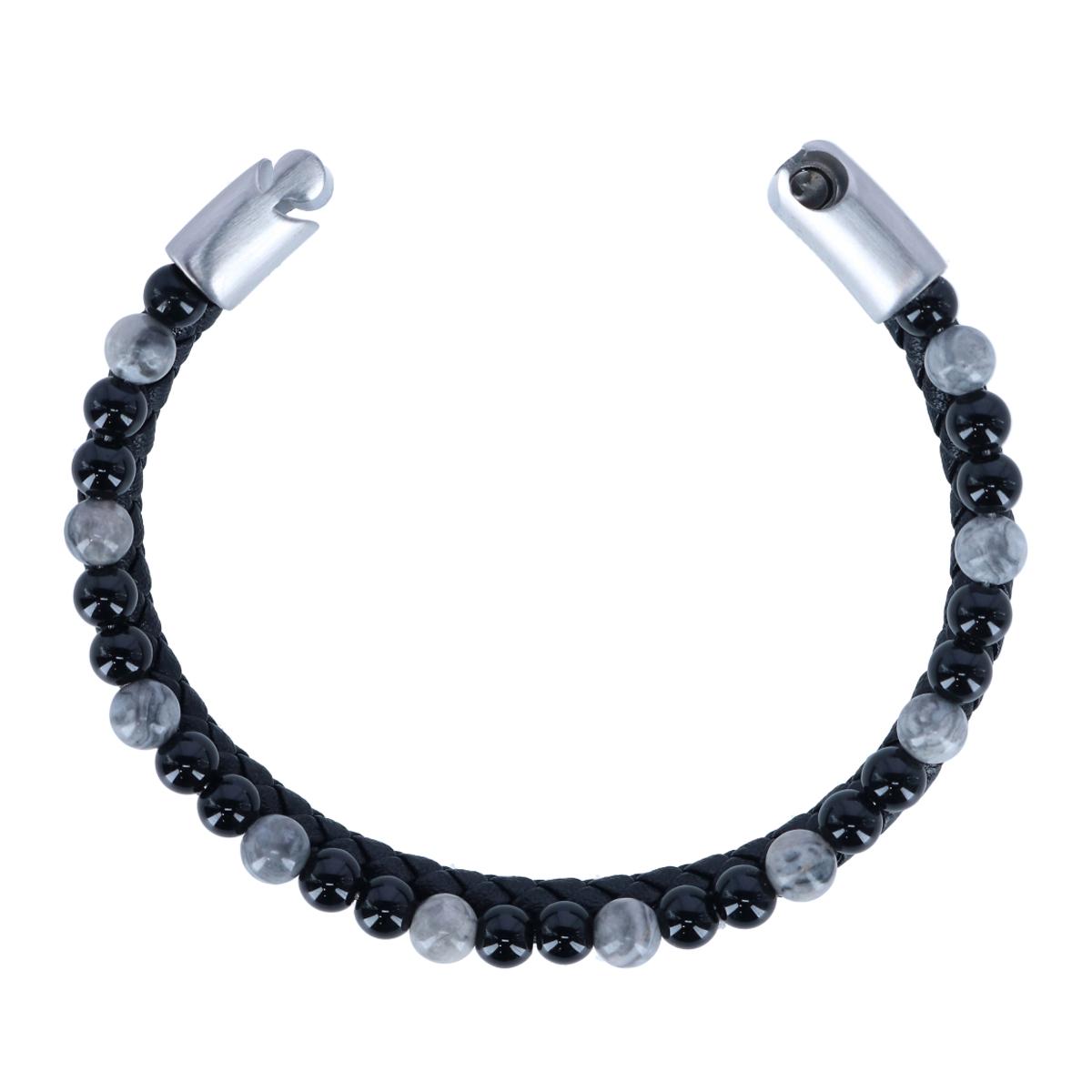 Loose Fit Thurgood Beaded & Braided Leather Secure Clasp Bracelet - Black