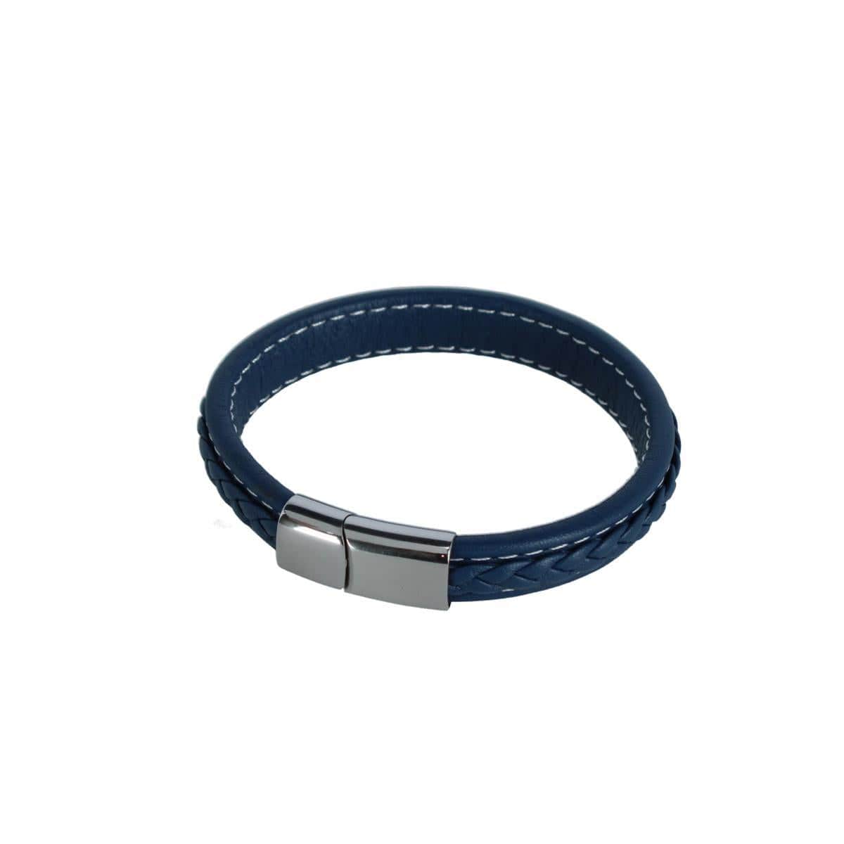 Loose Fit Amari's Azure Stitched Leather Secure Clasped Bracelet - Blue