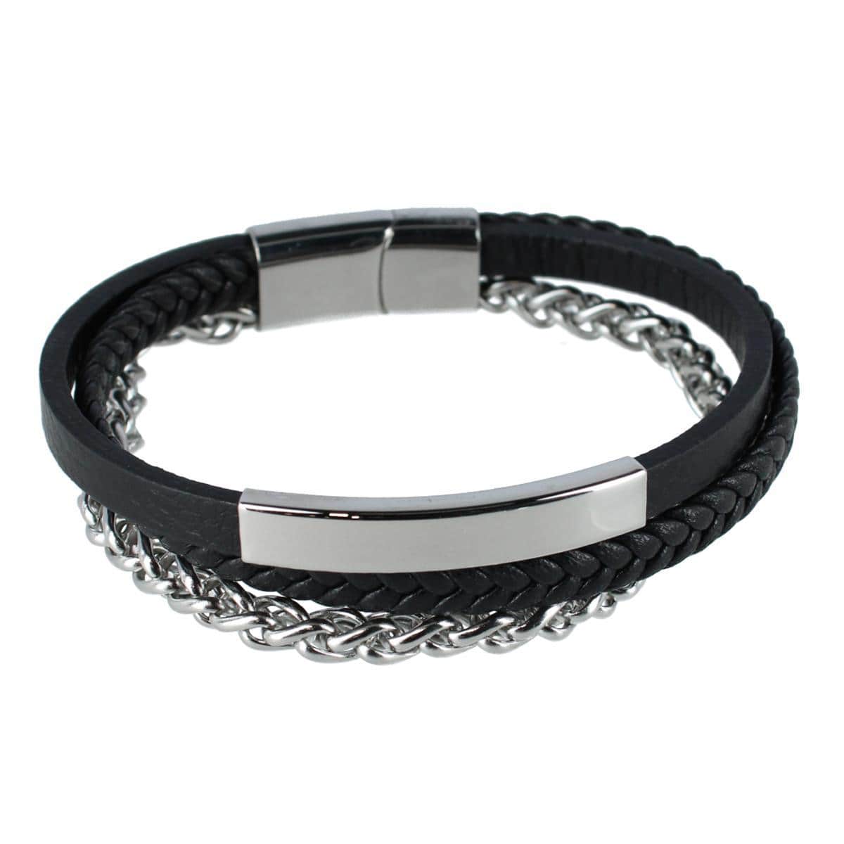 Zaid Metal and Leather Triple Strand Secure Clasp Bracelet - Black with Silver Metal