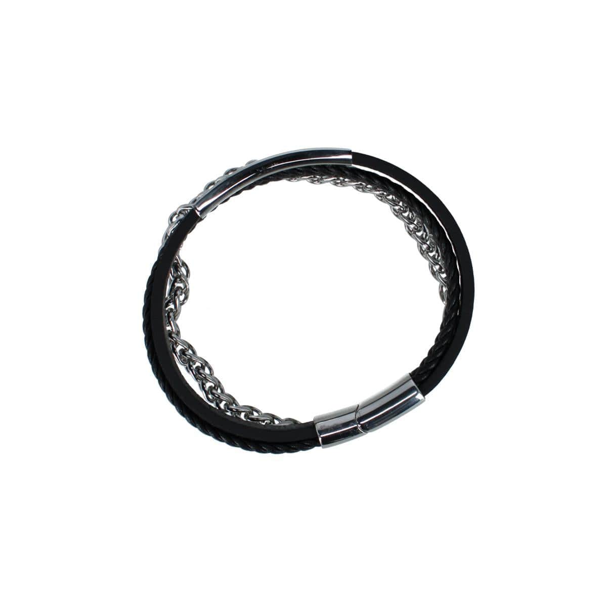 Zaid Metal and Leather Triple Strand Secure Clasp Bracelet - Black with Silver Metal