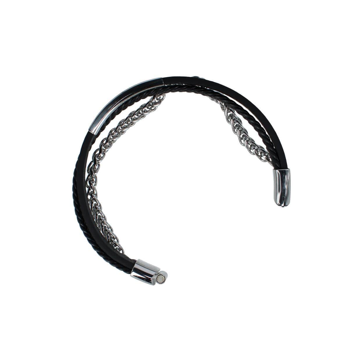 Zaid Metal and Leather Triple Strand Secure Clasp Bracelet - Black with Silver Metal