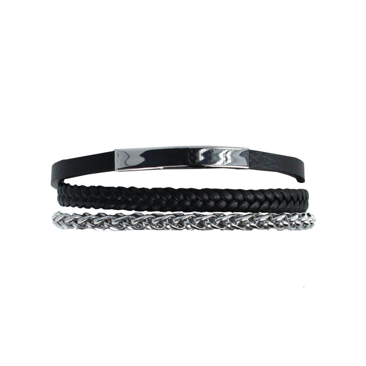 Zaid Metal and Leather Triple Strand Secure Clasp Bracelet - Black with Silver Metal