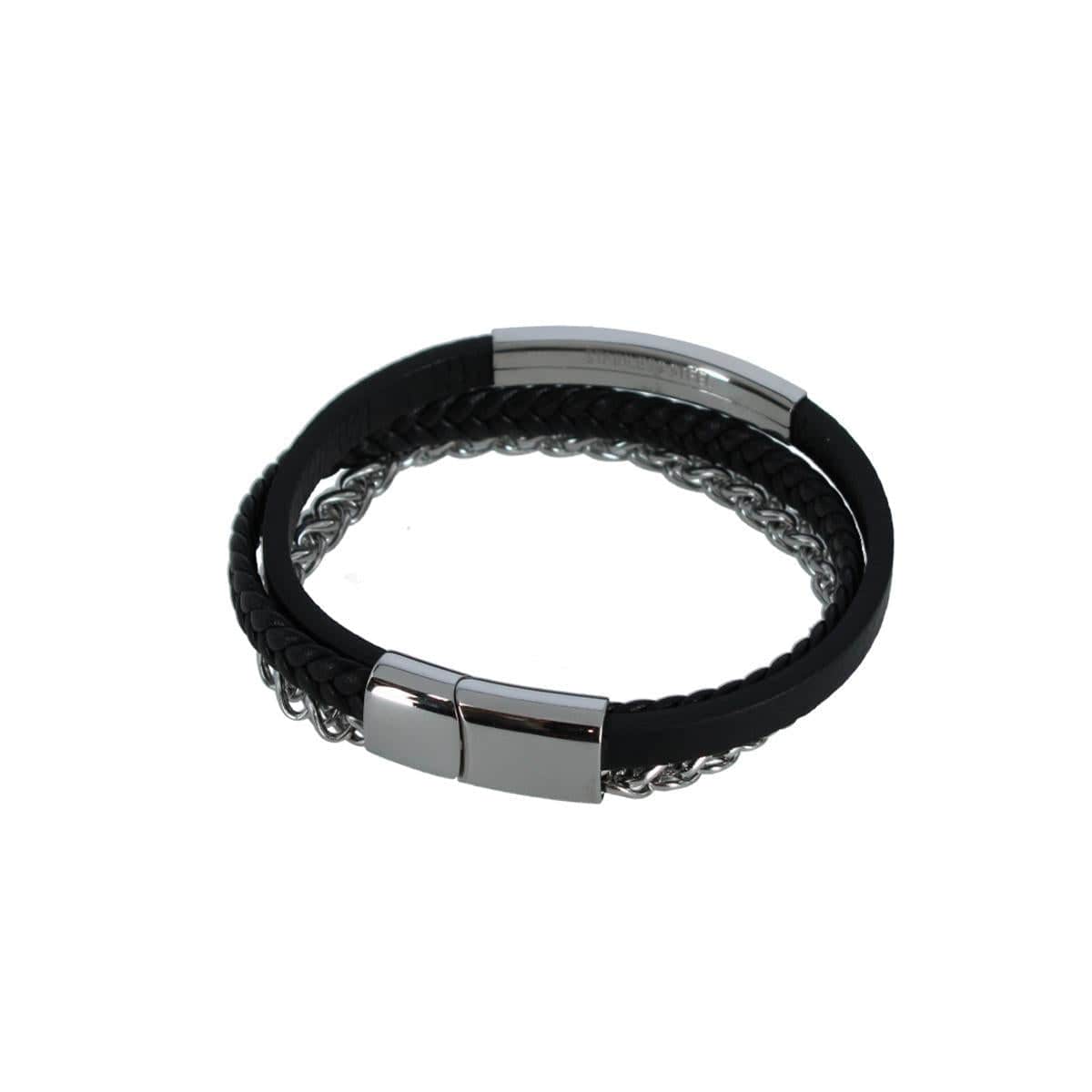 Zaid Metal and Leather Triple Strand Secure Clasp Bracelet - Black with Silver Metal