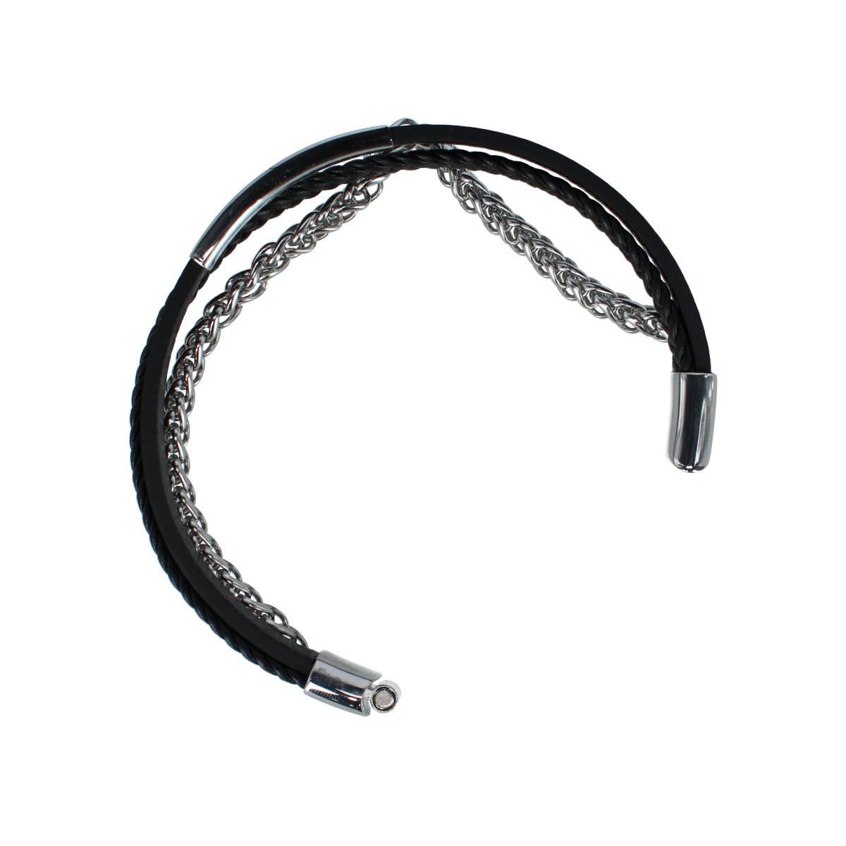 Loose Fit Zaid Metal & Leather Triple Strand Clasp Bracelet - Black Leather and Silver Metal