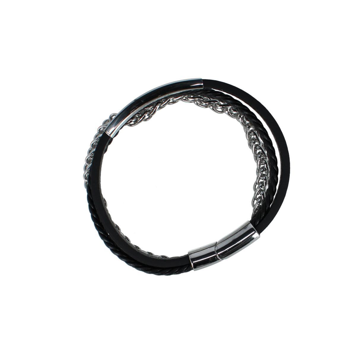 Loose Fit Zaid Metal & Leather Triple Strand Clasp Bracelet - Black Leather and Silver Metal