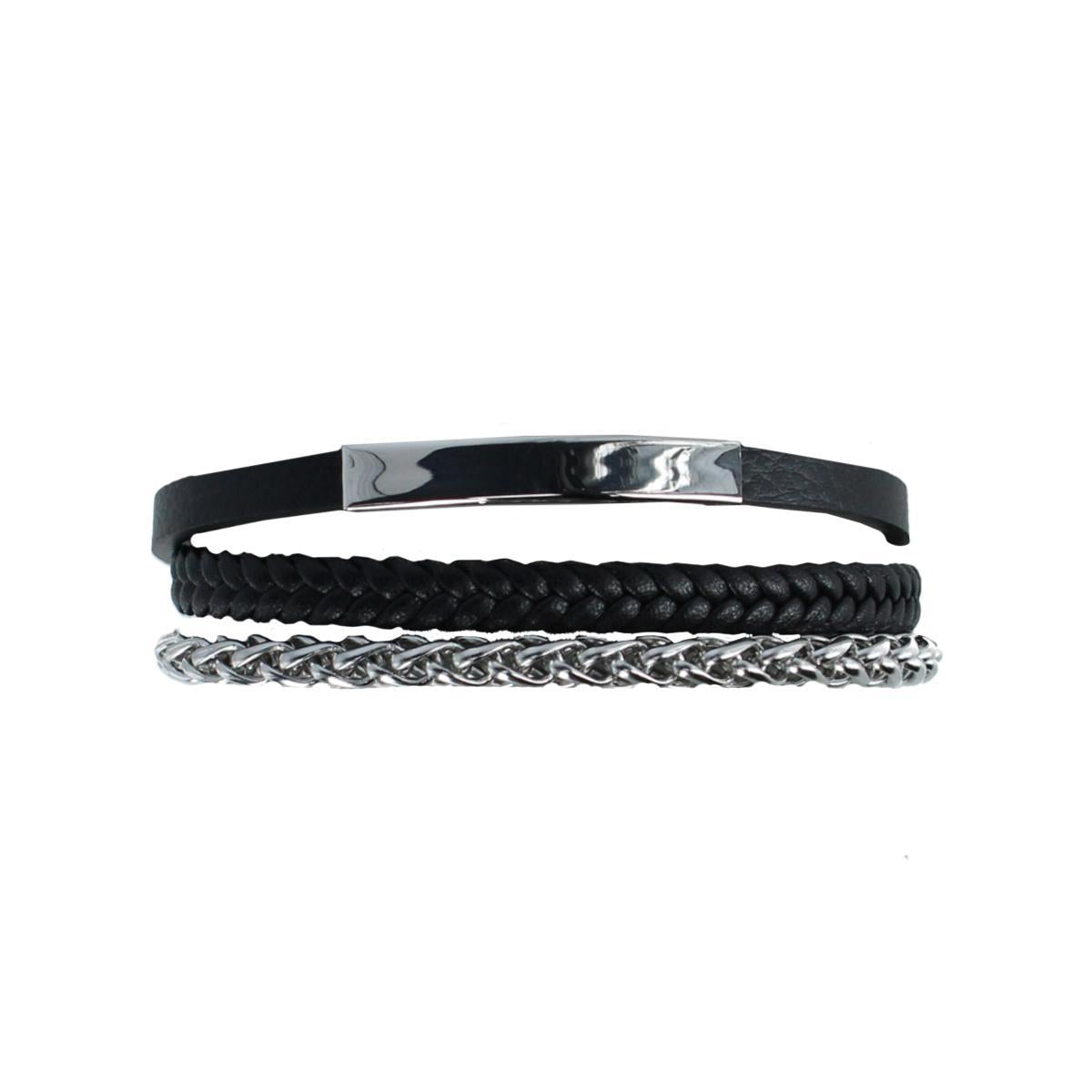 Loose Fit Zaid Metal & Leather Triple Strand Clasp Bracelet - Black Leather and Silver Metal